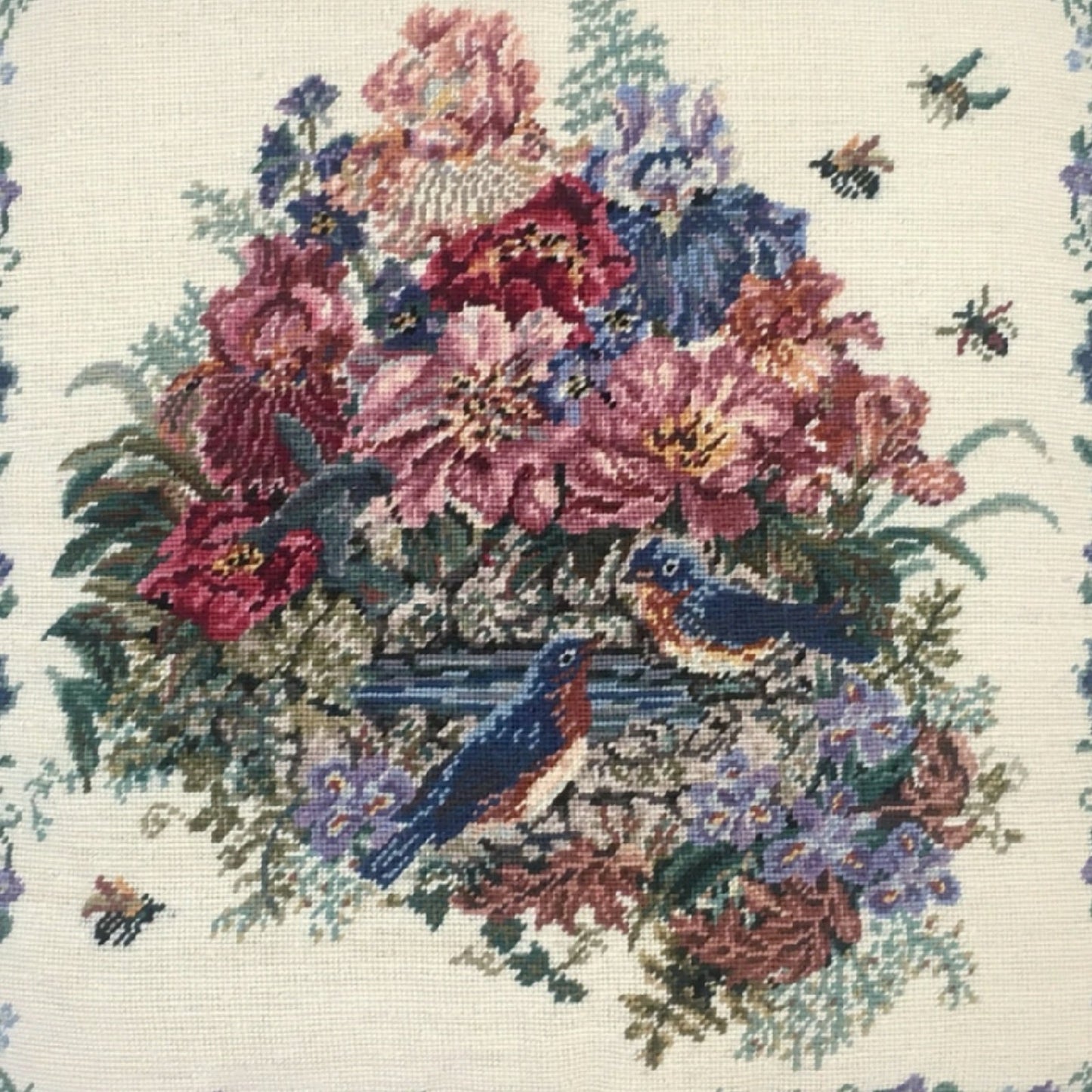 Handmade Wool Needlepoint Pillow Cover - Decorative Throw Cushion Cover - Vintage Floral Embroidery Design  blue birds with tassel