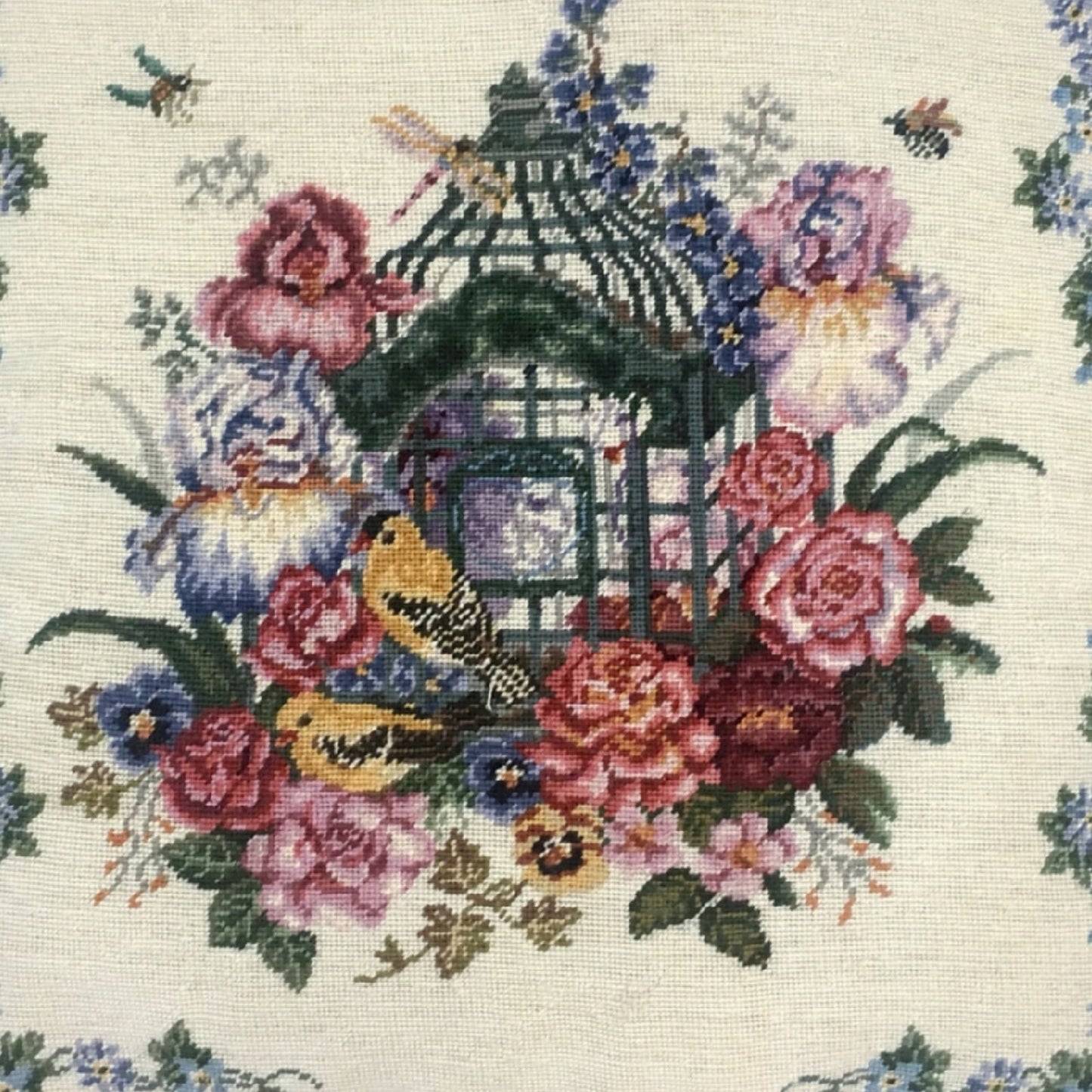 Handmade Wool Needlepoint Pillow Cover - Decorative Throw Cushion Cover - Vintage Floral Embroidery Design  yellow birds with tassel