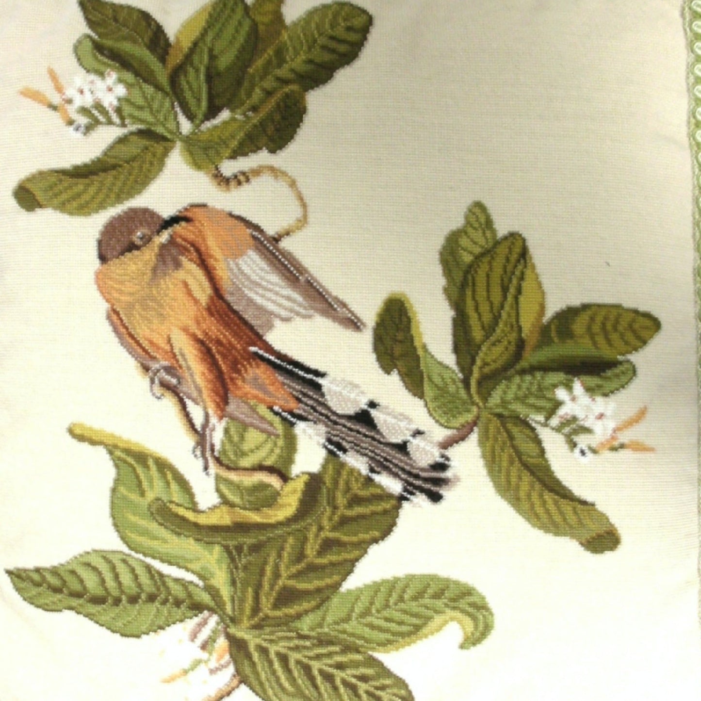 Handmade Wool Needlepoint Pillow Cover - Decorative Throw Cushion Cover - Vintage Floral Embroidery Design  bird & dogwood with 2 color tassel