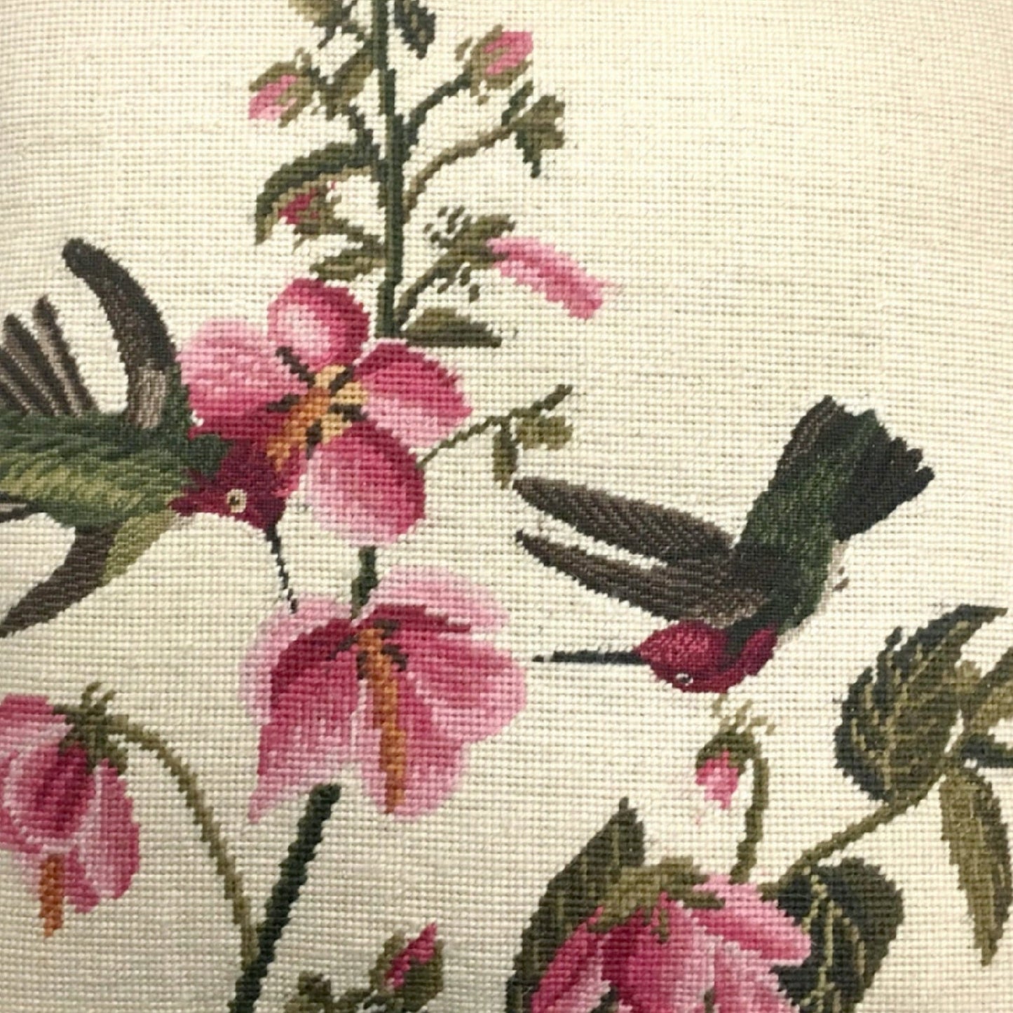 Handmade Wool Needlepoint Pillow Cover - Decorative Throw Cushion Cover - Vintage Floral Embroidery Design 2 humming birds pink flowers