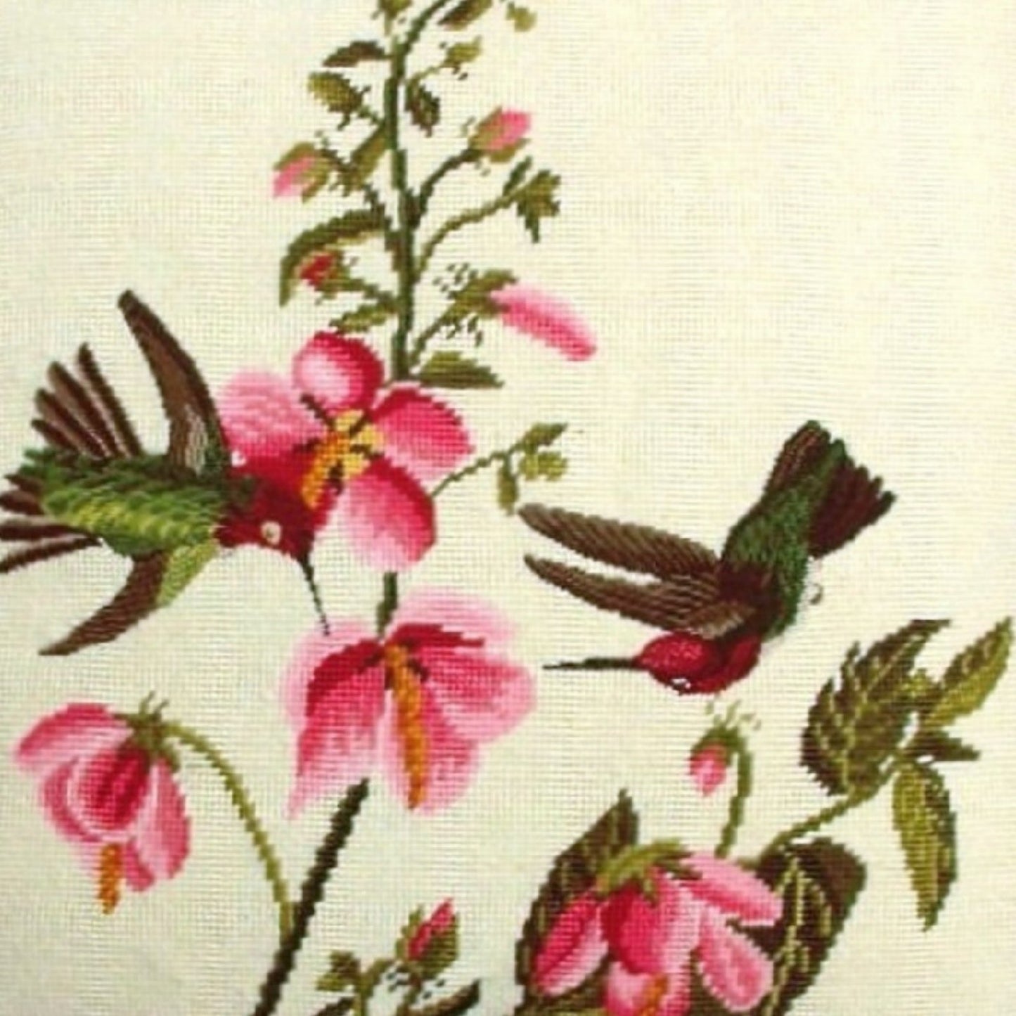 Handmade Wool Needlepoint Pillow Cover - Decorative Throw Cushion Cover - Vintage Floral Embroidery Design 2 humming birds pink flowers with 3 color tassels