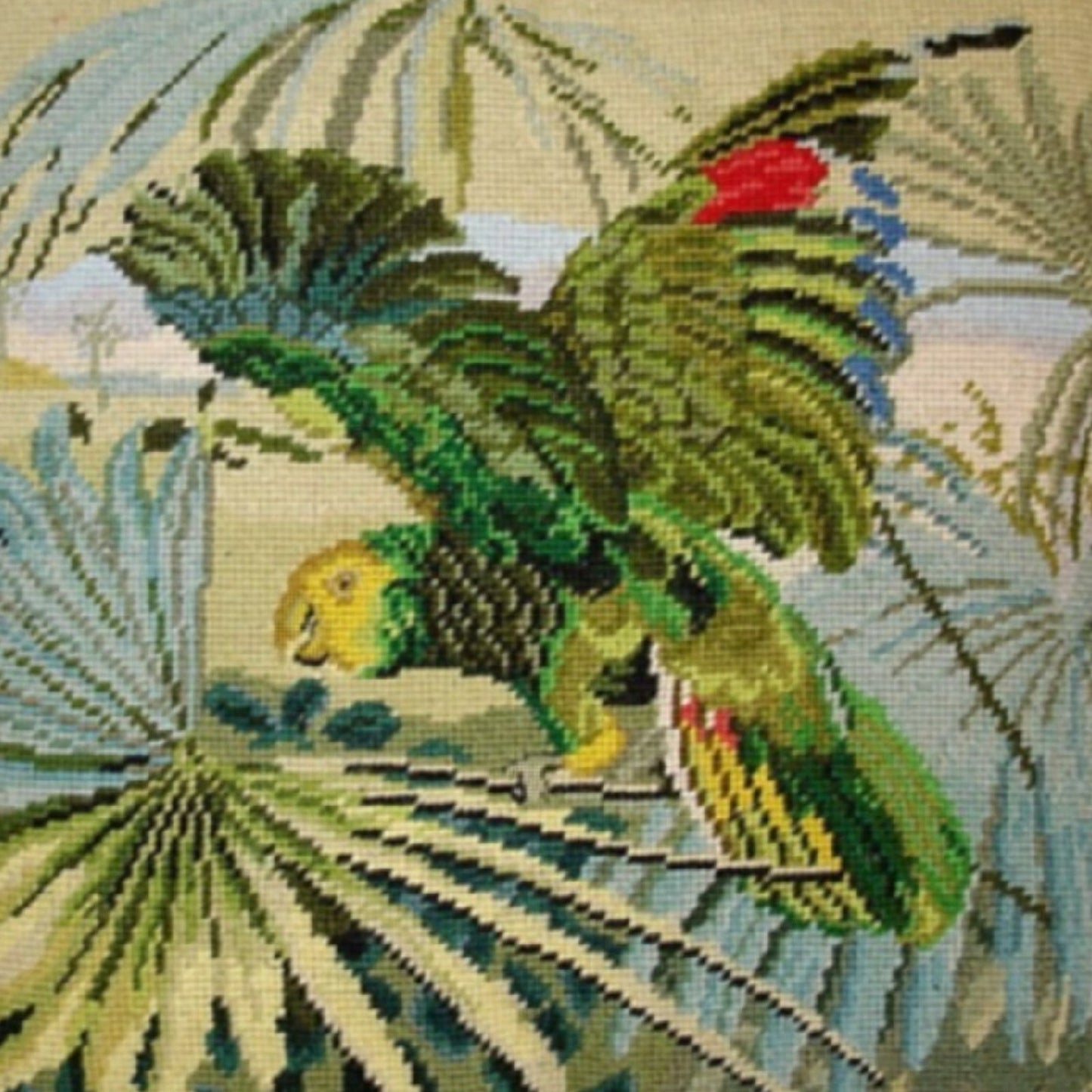 Handmade Wool Needlepoint Pillow Cover - Decorative Throw Cushion Cover - Vintage Floral Embroidery Design one parrot