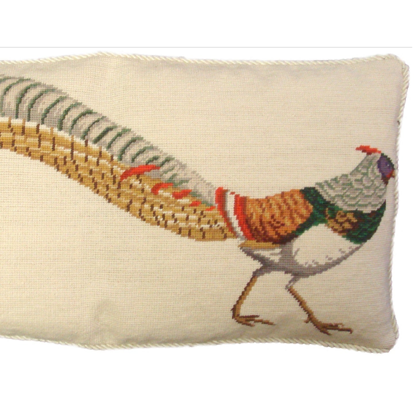 Handmade Wool Needlepoint Pillow Cover - Decorative Throw Cushion Cover - Vintage Floral Embroidery Design pheasant in green/yellow with cording