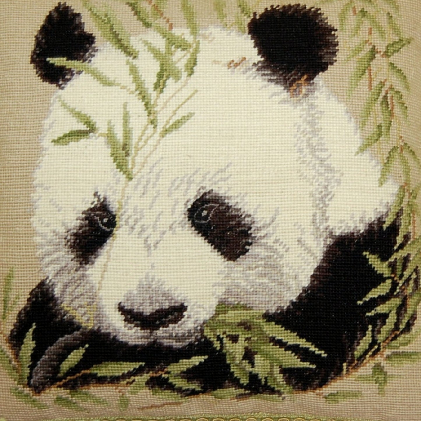 Handmade Wool Needlepoint Pillow Cover - Decorative Throw Cushion Cover - Vintage Floral Embroidery Design panda with tassels