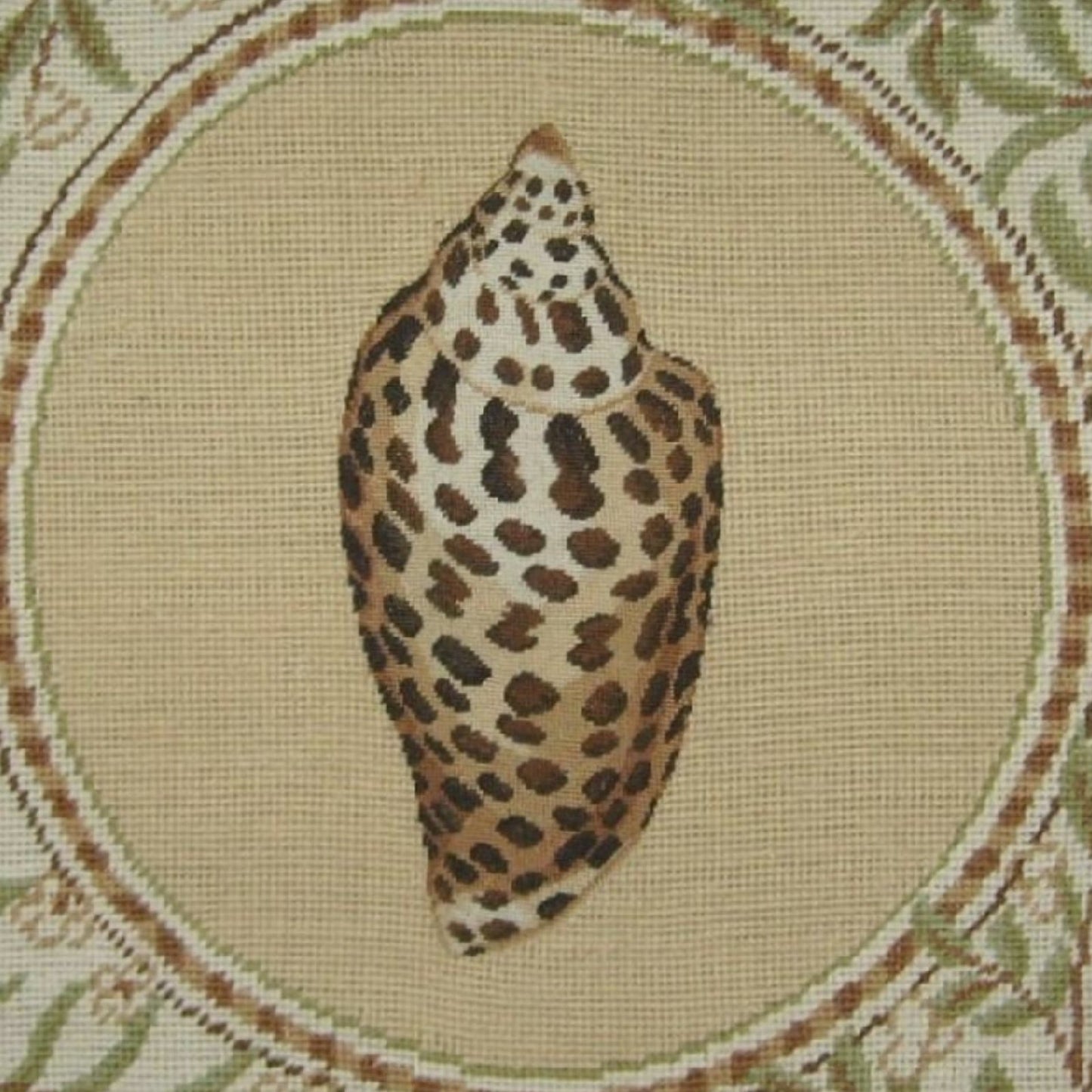 Handmade Wool Needlepoint Pillow Cover - Decorative Throw Cushion Cover - Vintage Floral Embroidery Design Conus shell with back and tassels