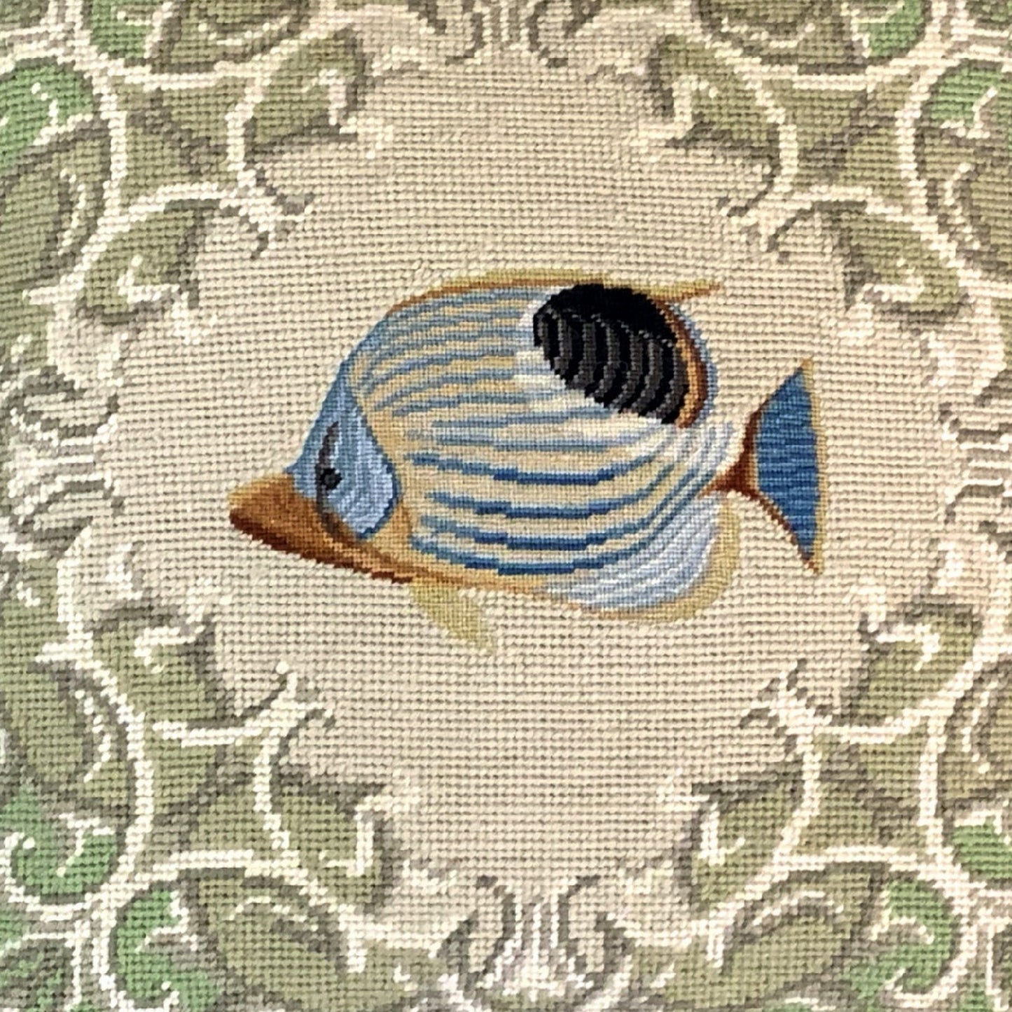 Handmade Wool Needlepoint Pillow Cover - Decorative Throw Cushion Cover - Vintage Floral Embroidery Designtropical fish-foureye butterflyfish green frame checker cording
