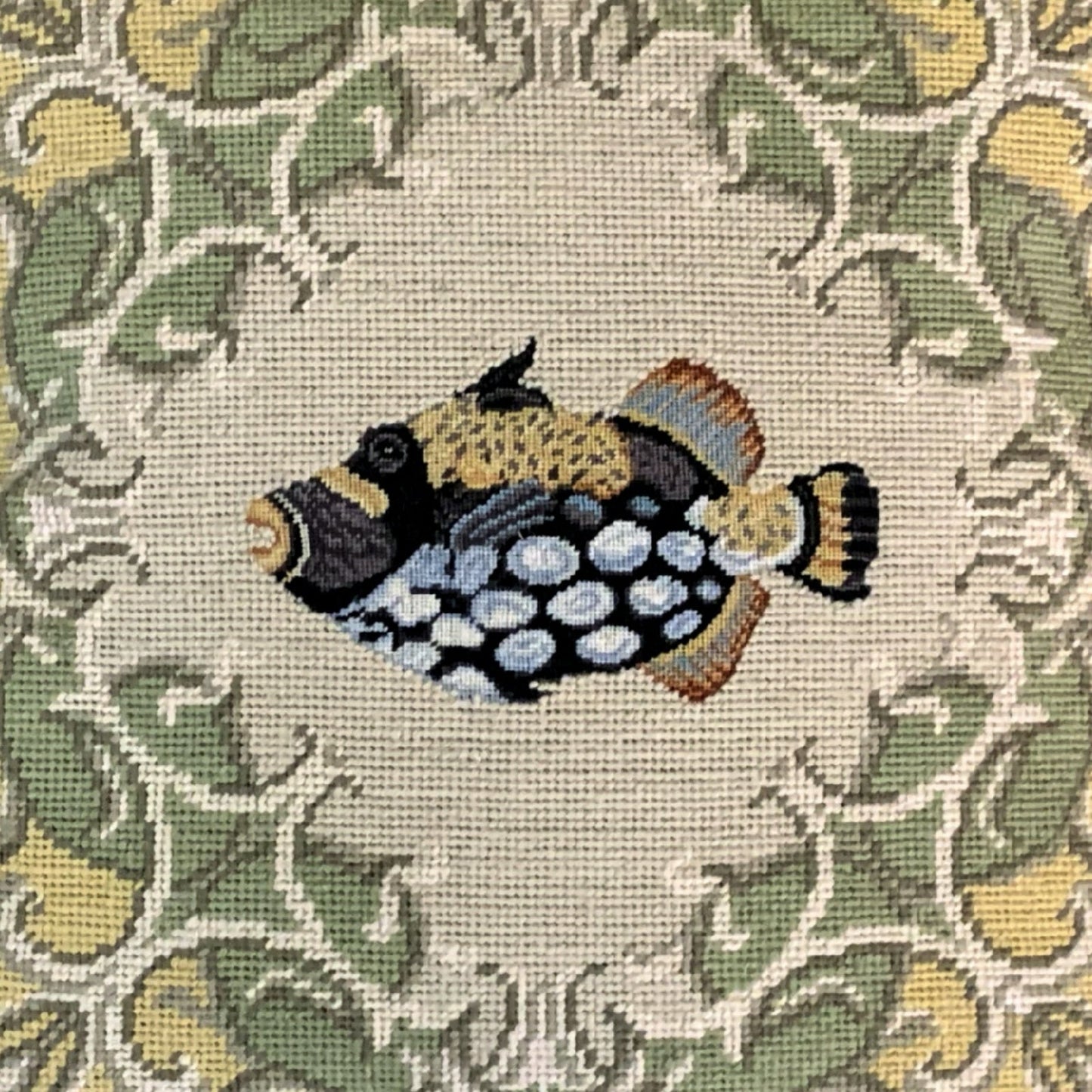 Handmade Wool Needlepoint Pillow Cover - Decorative Throw Cushion Cover - Vintage Floral Embroidery Design tropical fish-marbled grouper yellow frame checker cording