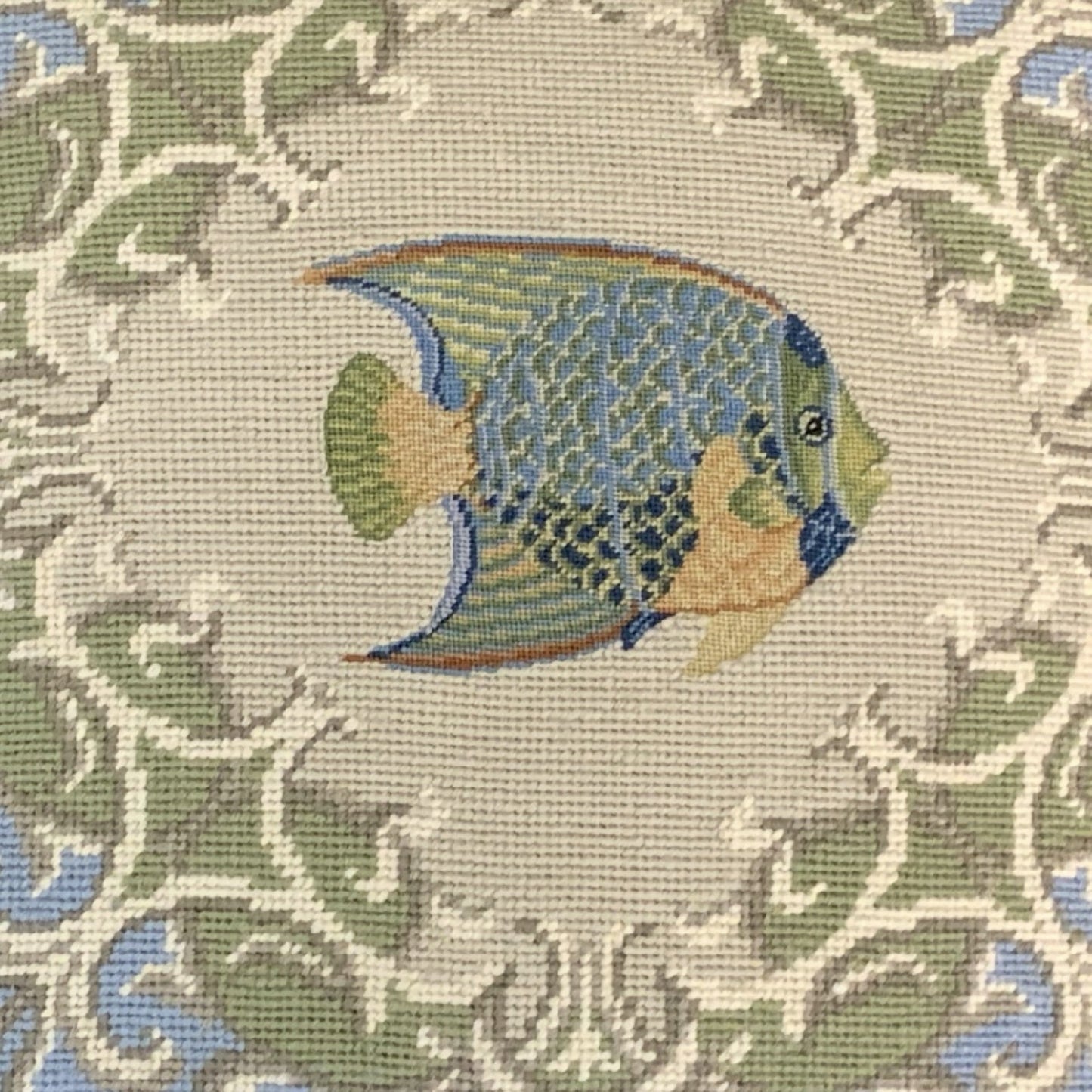 Handmade Wool Needlepoint Pillow Cover - Decorative Throw Cushion Cover - Vintage Floral Embroidery Designtropical fish-Queen Angel blue frame checker cording