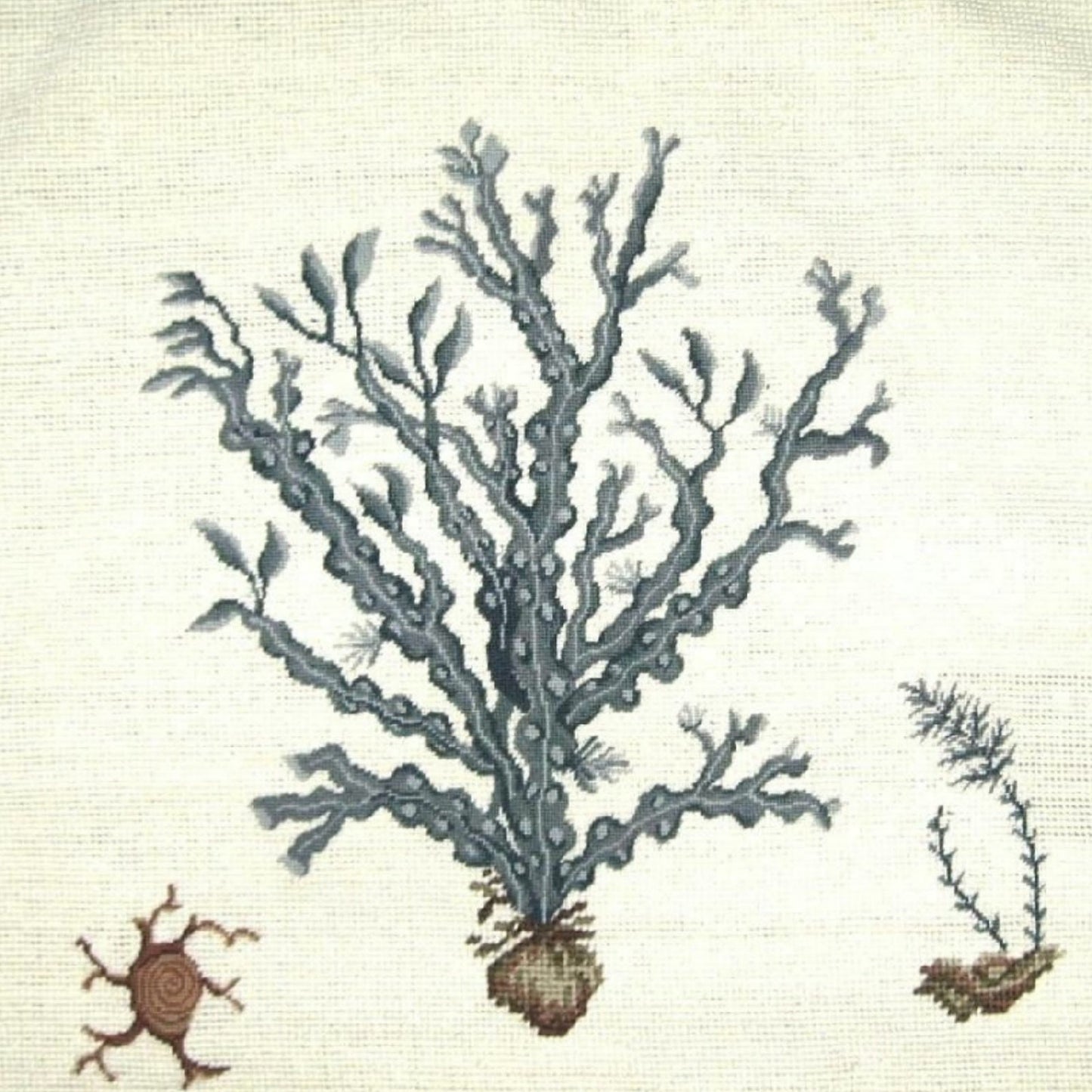 Handmade Wool Needlepoint Pillow Cover - Decorative Throw Cushion Cover - Vintage Floral Embroidery Design blue water weed in blue with blue cording 1