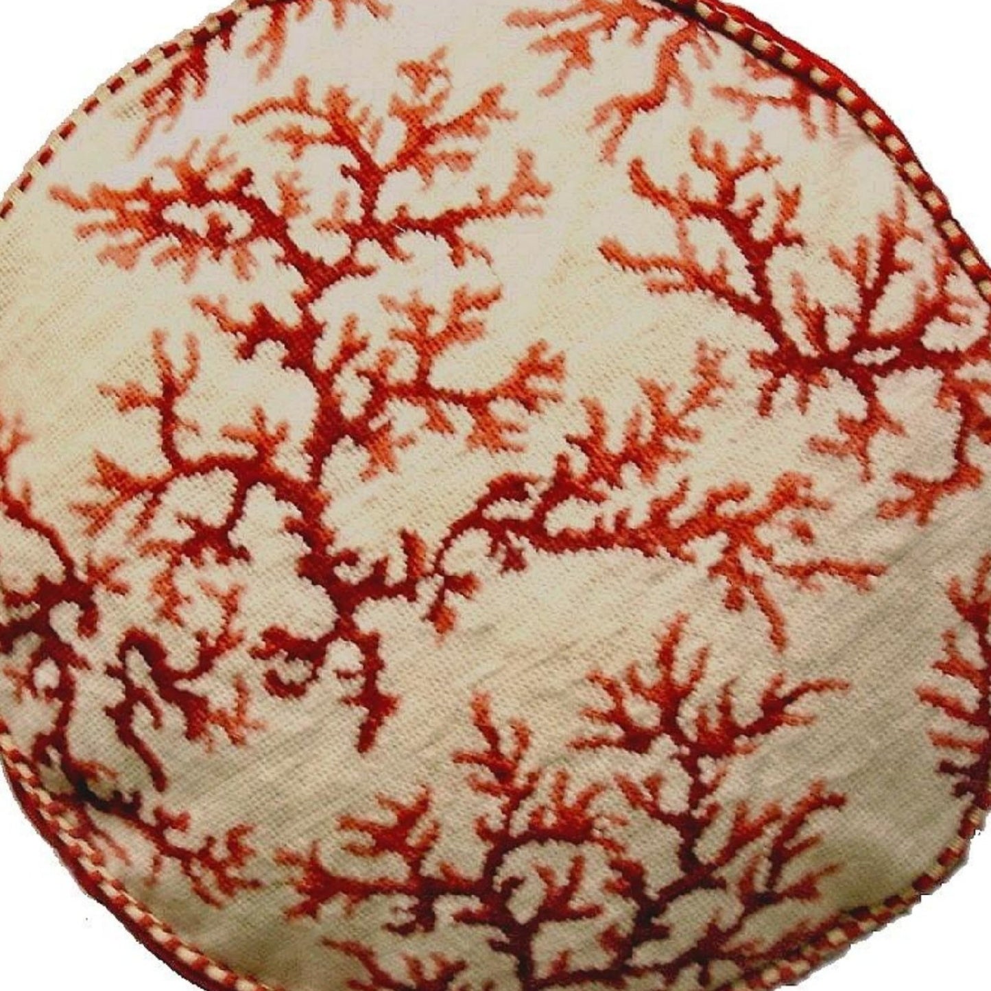 Handmade Wool Needlepoint Pillow Cover - Decorative Throw Cushion Cover - Vintage Floral Embroidery Design red coral ivory background with 2 color cording