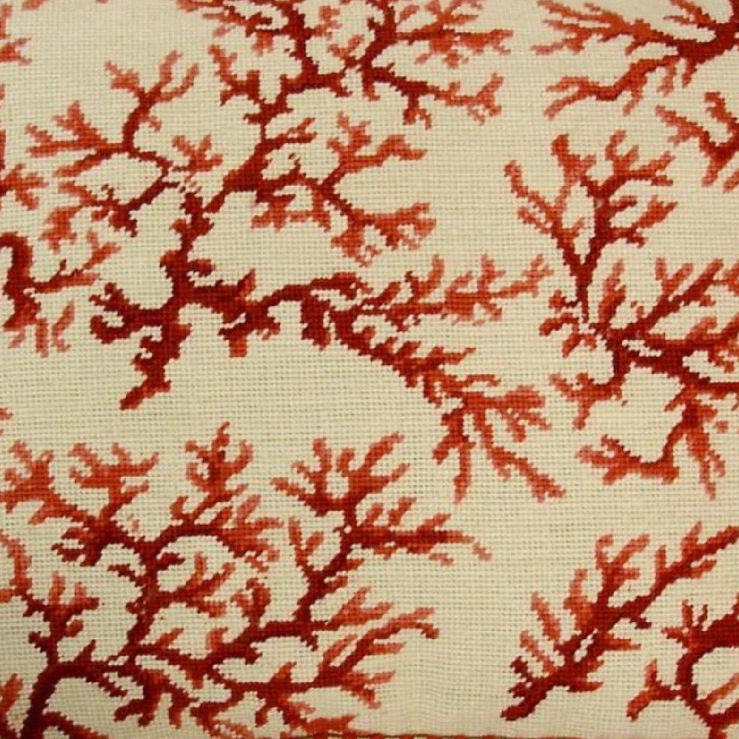 Handmade Wool Needlepoint Pillow Cover - Decorative Throw Cushion Cover - Vintage Floral Embroidery Design red coral ivory back with 2 color cording