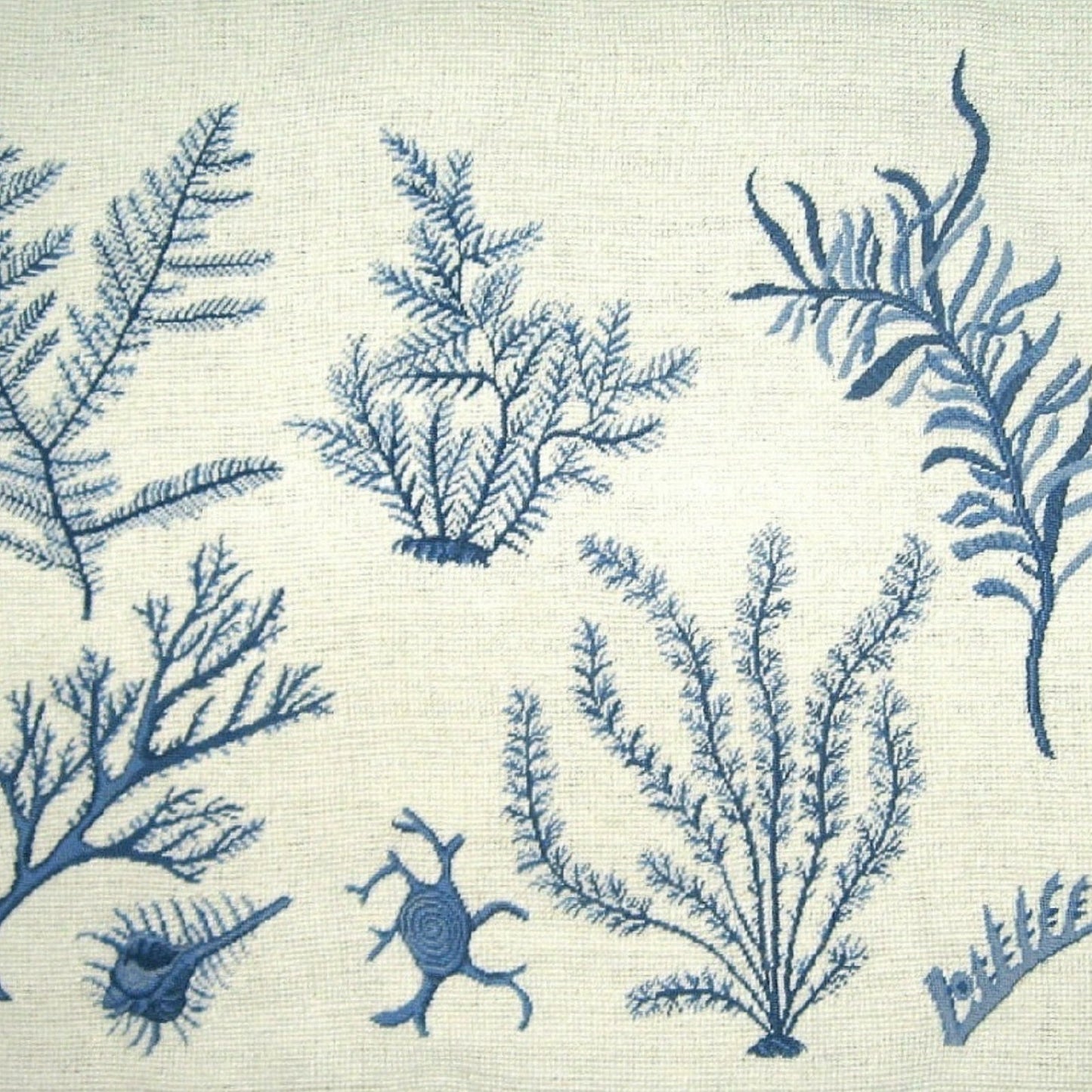 Handmade Wool Needlepoint Pillow Cover - Decorative Throw Cushion Cover - Vintage Floral Embroidery Design blue group seaweeds with cording