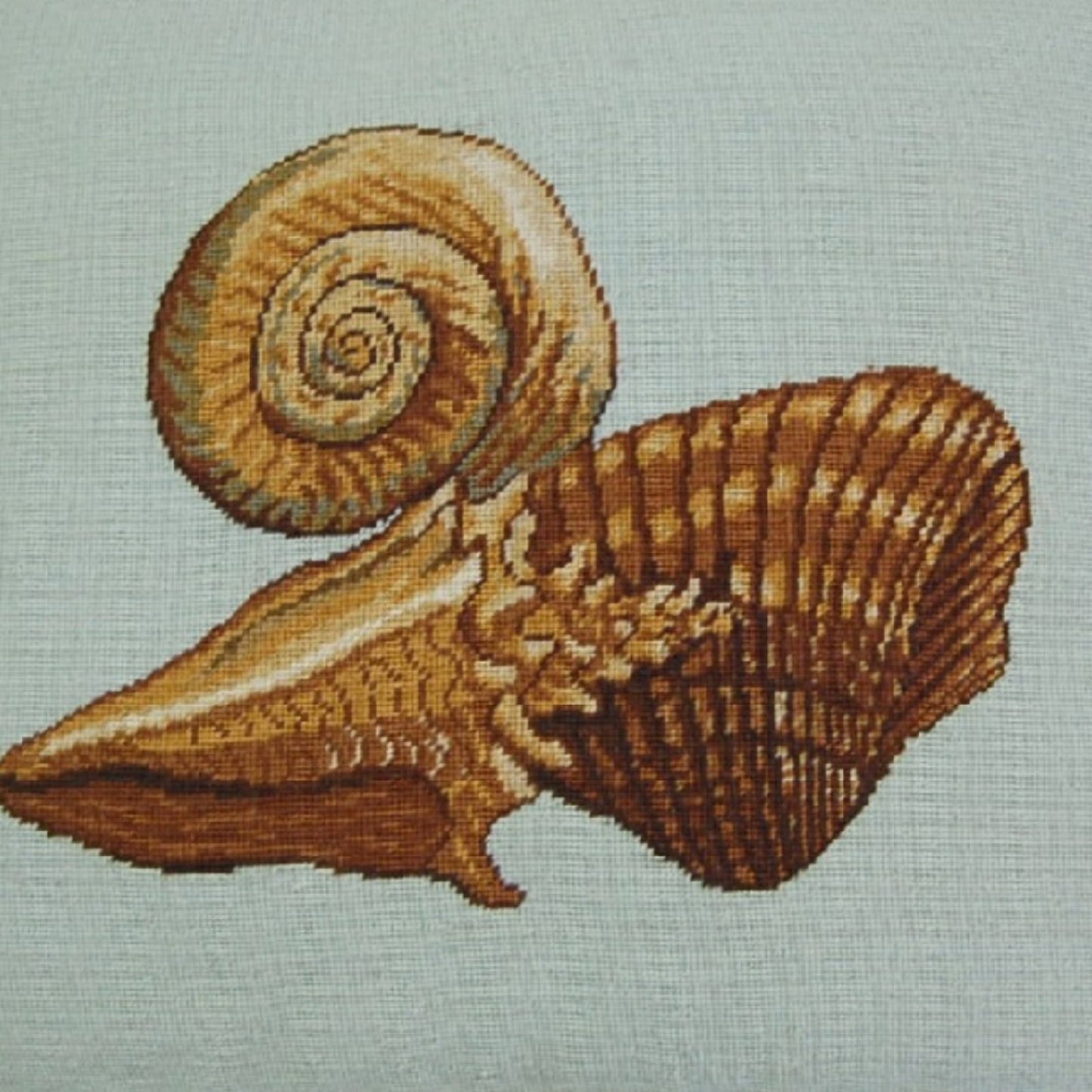 Handmade Wool Needlepoint Pillow Cover - Decorative Throw Cushion Cover - Vintage Floral Embroidery Design  blue background fan shell and other sea shells with tassels