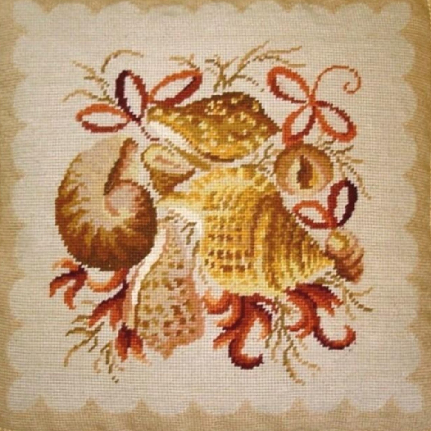 Handmade Wool Needlepoint Pillow Cover - Decorative Throw Cushion Cover - Vintage Floral Embroidery Design All shell with bowtie, dark bage tassels