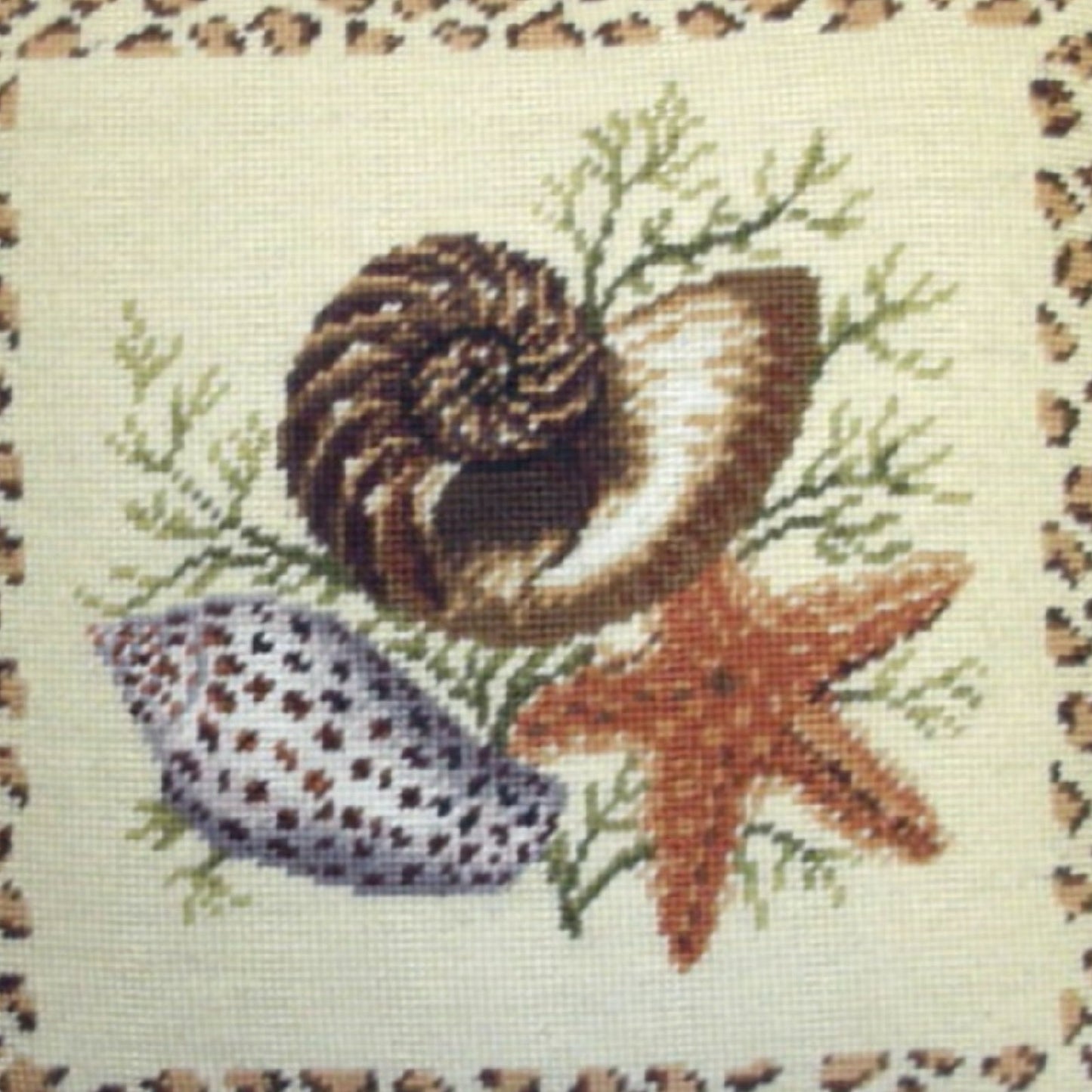 Handmade Wool Needlepoint Pillow Cover - Decorative Throw Cushion Cover - Vintage Floral Embroidery Design dark sea shell and star fish with brown cording