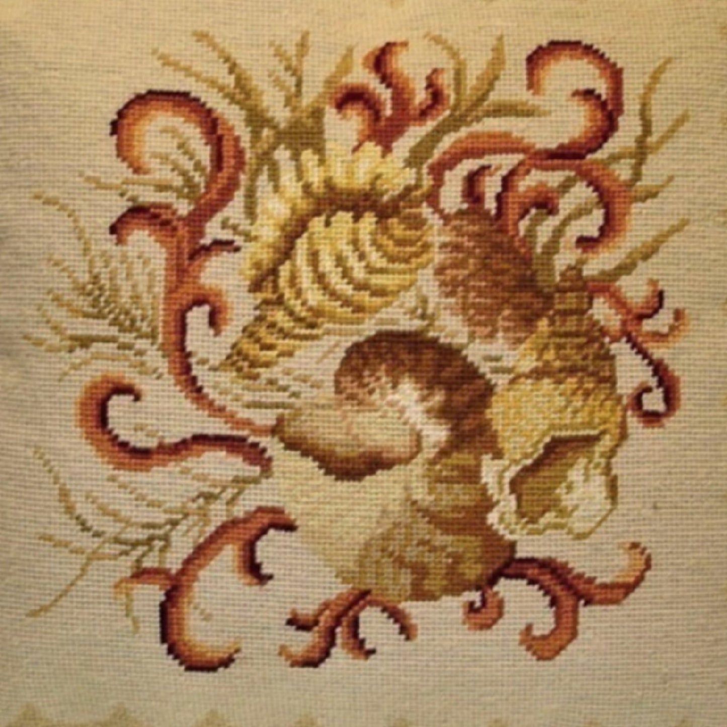 Handmade Wool Needlepoint Pillow Cover - Decorative Throw Cushion Cover - Vintage Floral Embroidery Design All shell with dark bage tassels