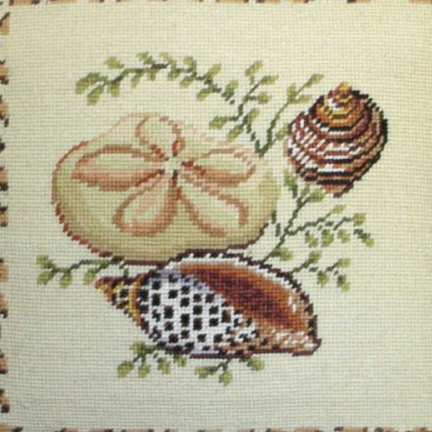 Handmade Wool Needlepoint Pillow Cover - Decorative Throw Cushion Cover - Vintage Floral Embroidery Design light & flat sea shell with brown tassel