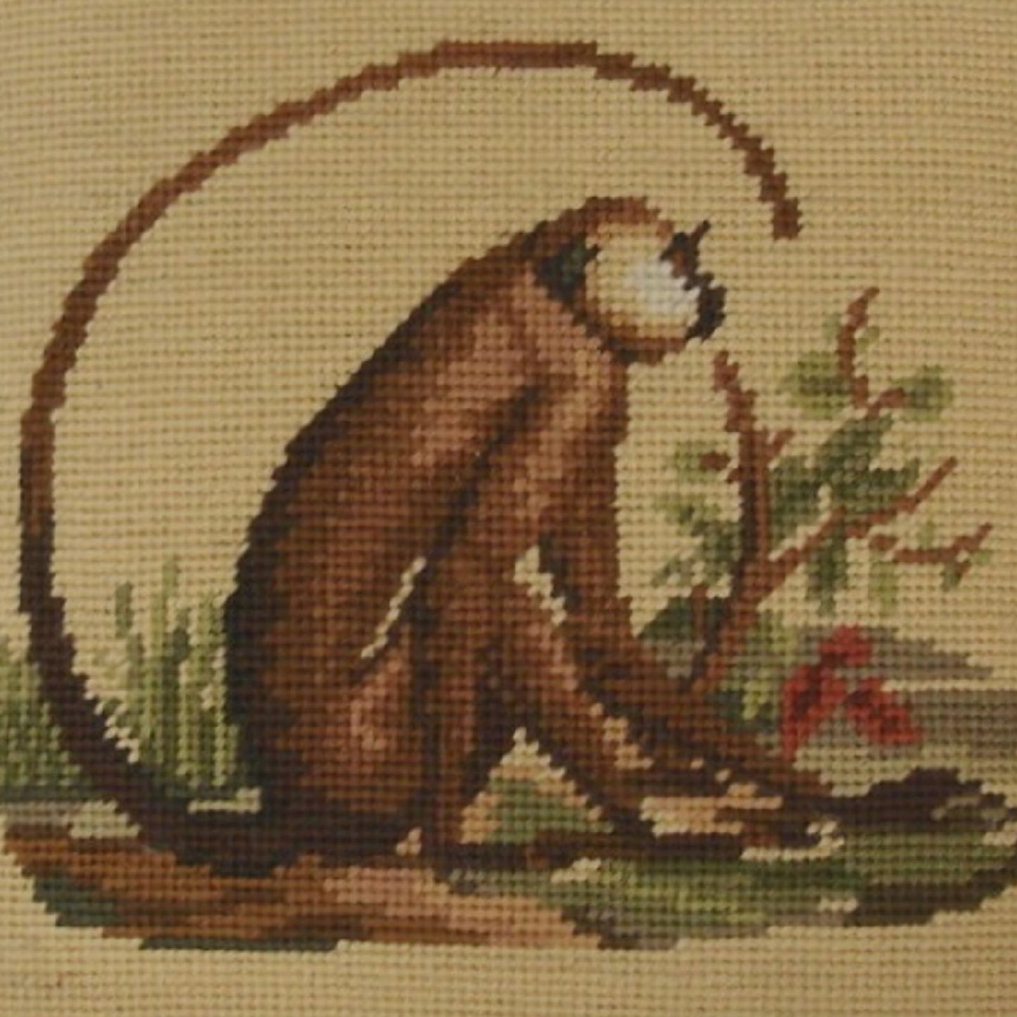 Handmade Wool Needlepoint Pillow Cover - Decorative Throw Cushion Cover - Vintage Floral Embroidery Design monkey long tail