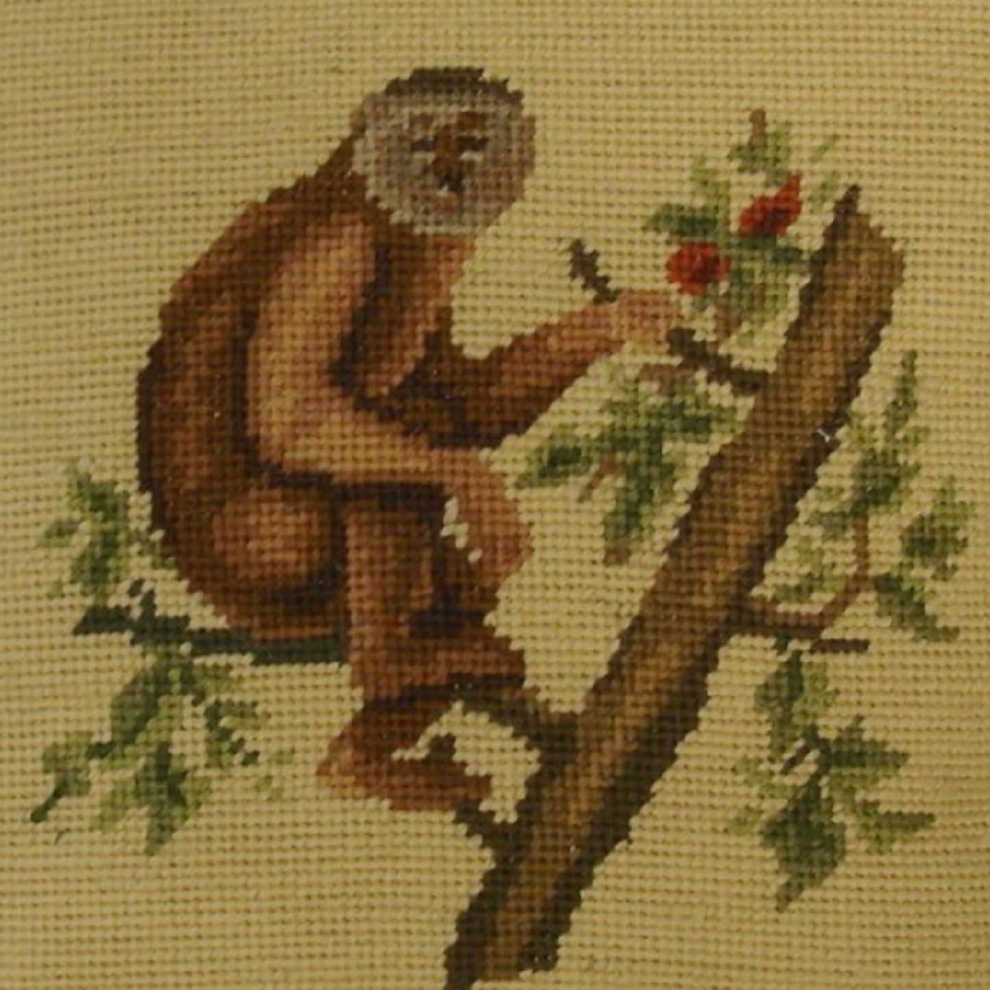 Handmade Wool Needlepoint Pillow Cover - Decorative Throw Cushion Cover - Vintage Floral Embroidery Design monkey holding the branch