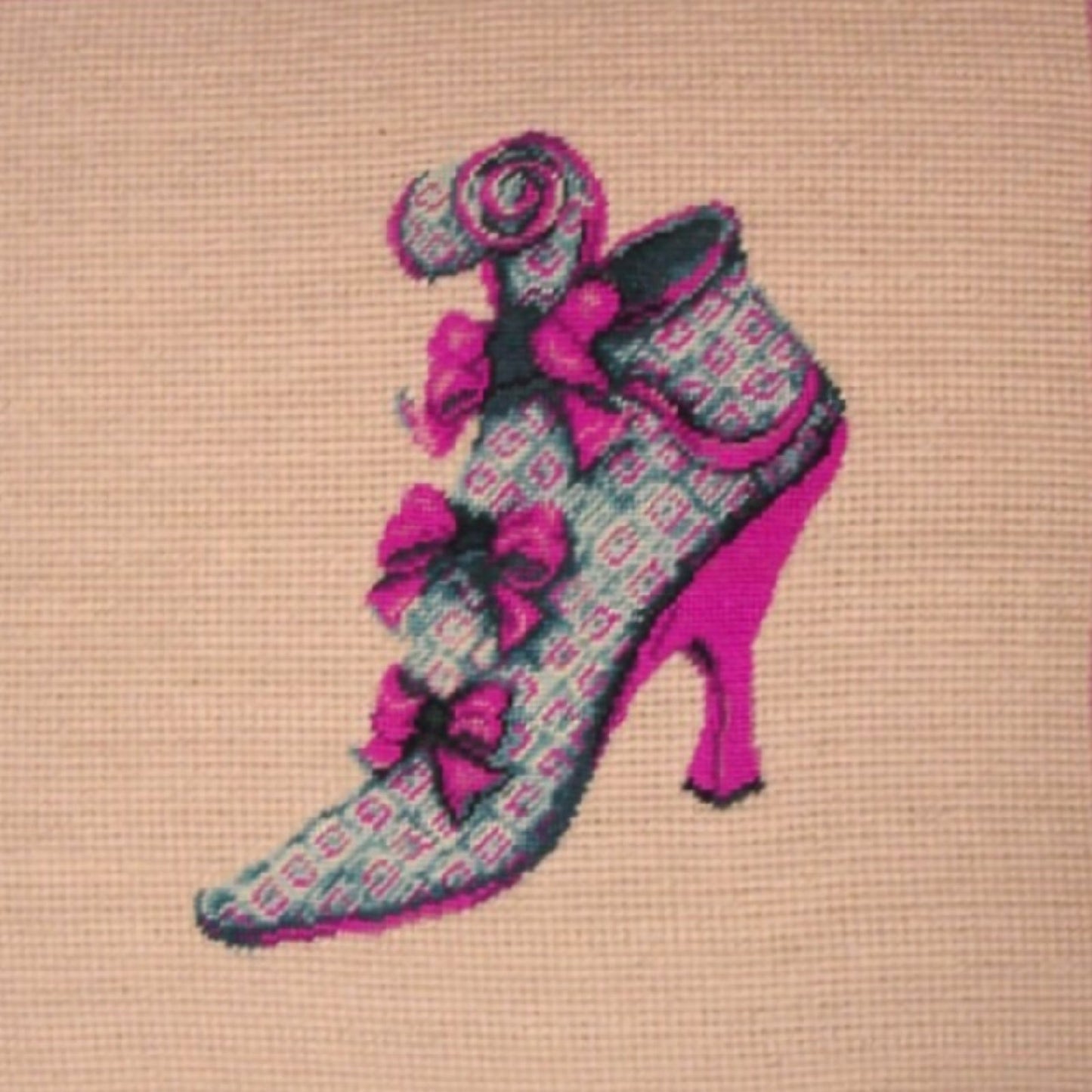 Handmade Wool Needlepoint Pillow Cover - Decorative Throw Cushion Cover - Vintage Floral Embroidery Design bow show pink background with 2 color cording