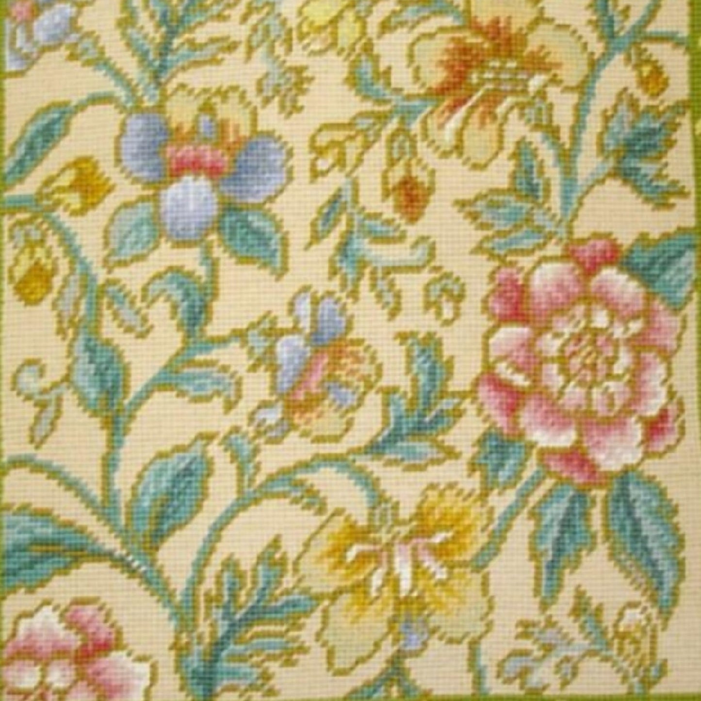 Handmade Wool Needlepoint Pillow Cover - Decorative Throw Cushion Cover - Vintage Floral Embroidery Design pink,yellow,blue plum floral center lime green frame & tassels