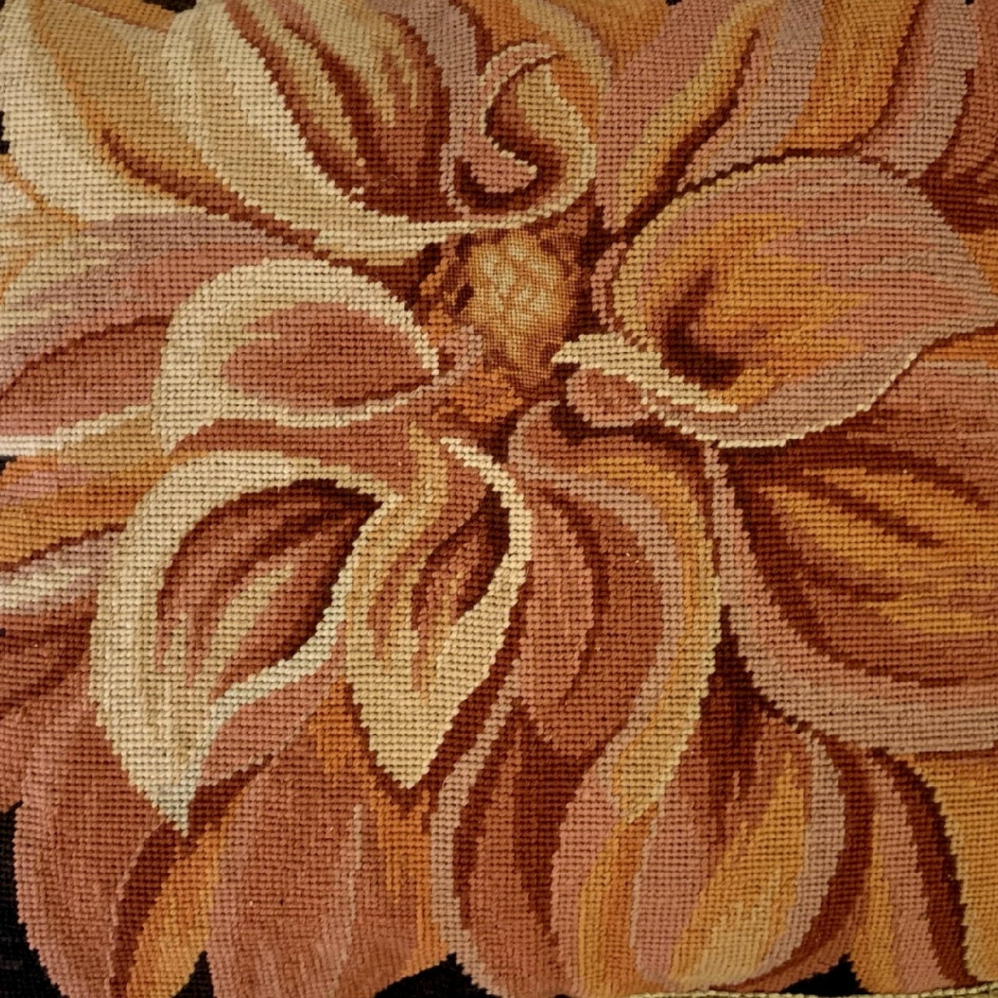 Handmade Wool Needlepoint Pillow Cover - Decorative Throw Cushion Cover - Vintage Floral Embroidery Design on orange chrysanthemum with tassels