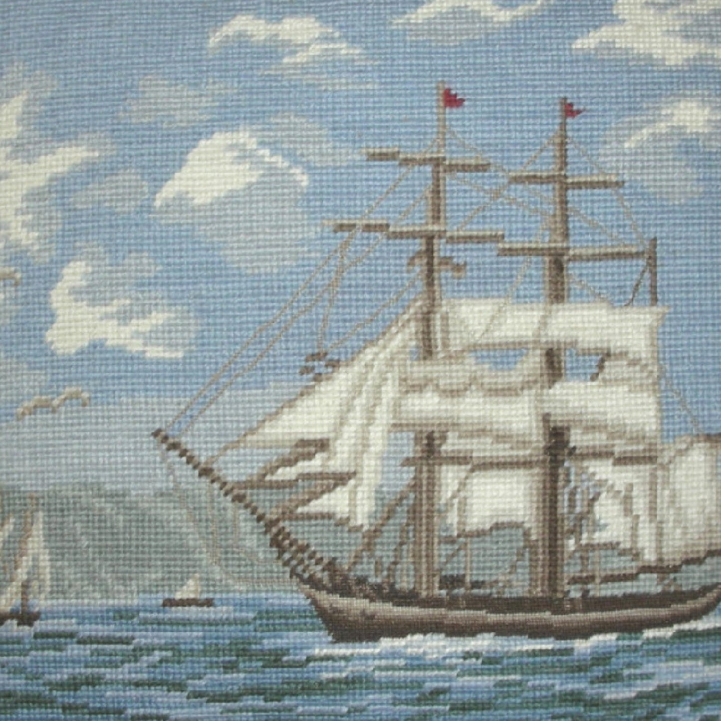 Handmade Wool Needlepoint Pillow Cover - Decorative Throw Cushion Cover - Vintage Floral Embroidery Design sail boat