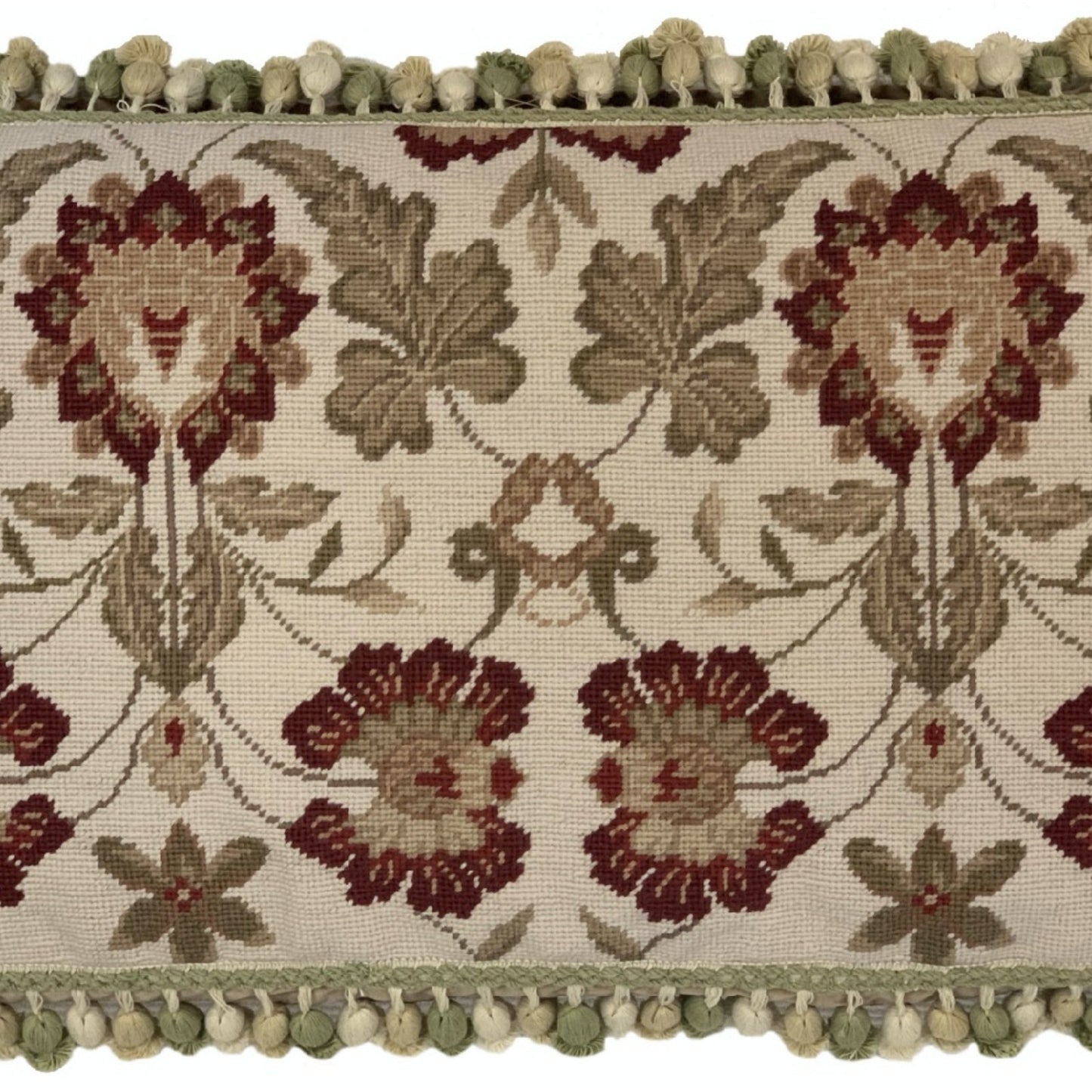 Handmade Wool Needlepoint Pillow Cover - Decorative Throw Cushion Cover - Vintage Floral Embroidery Designleaves red flowers with 3 color tassels