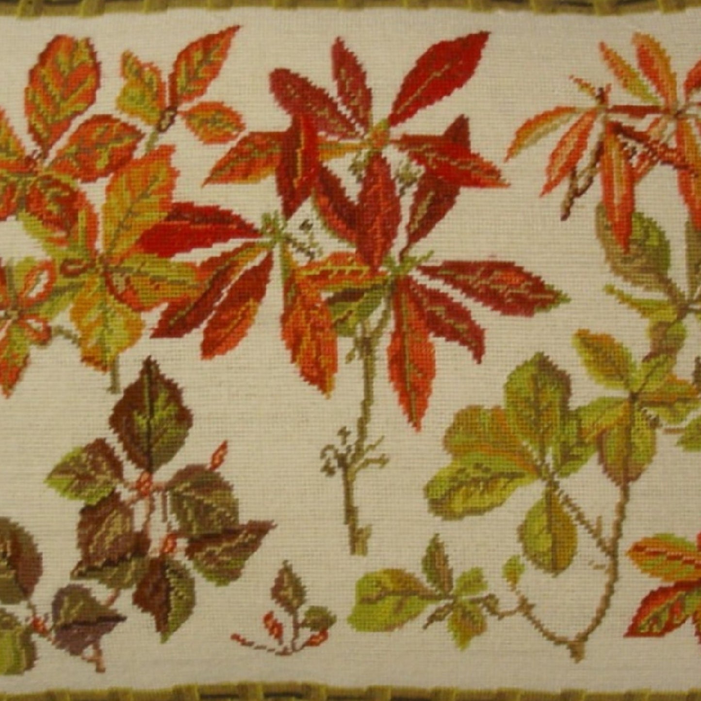 Handmade Wool Needlepoint Pillow Cover - Decorative Throw Cushion Cover - Vintage Floral Embroidery Design  banboo frame autumn leaves with cording