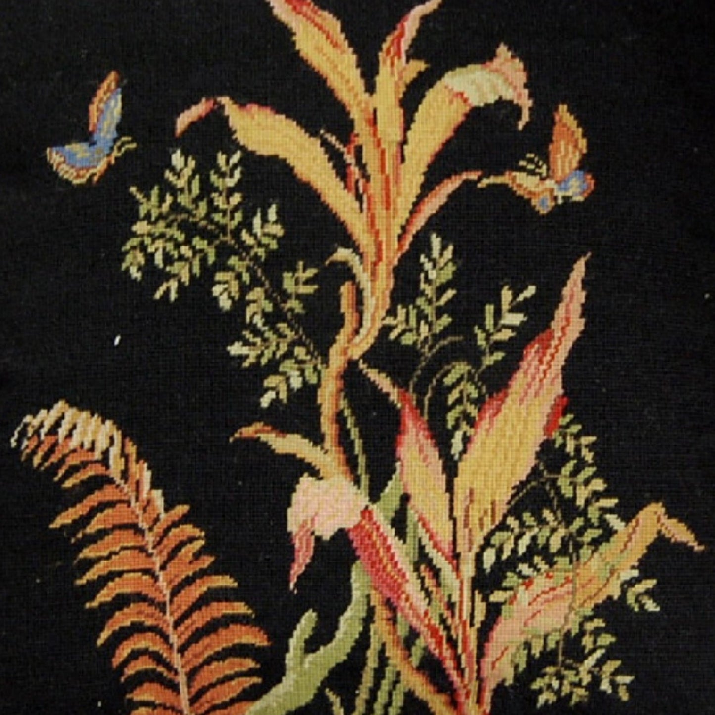 Handmade Wool Needlepoint Pillow Cover - Decorative Throw Cushion Cover - Vintage Floral Embroidery Design  tropical fern 2 blue butterflies black background with tassels