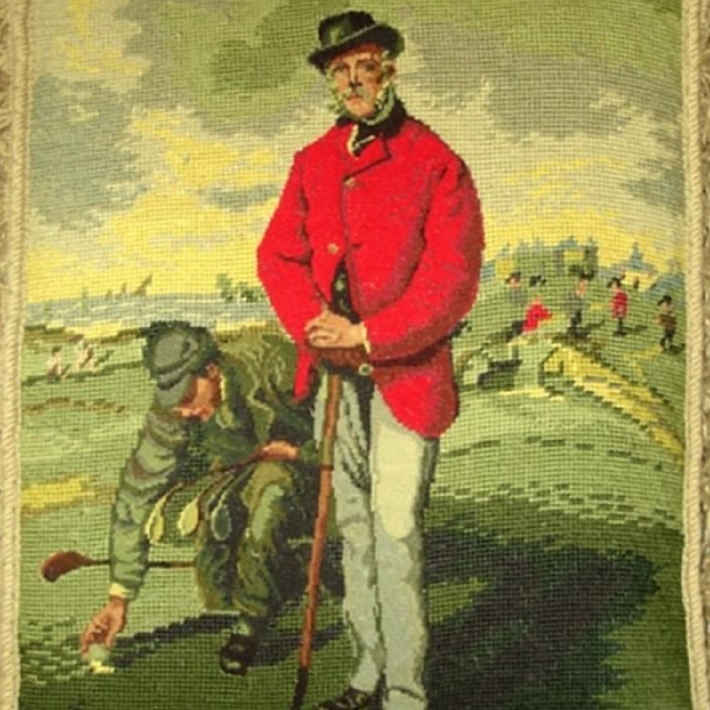 Handmade Wool Needlepoint Pillow Cover - Decorative Throw Cushion Cover - Vintage Floral Embroidery Design Uncle Tom golfers background with tassels