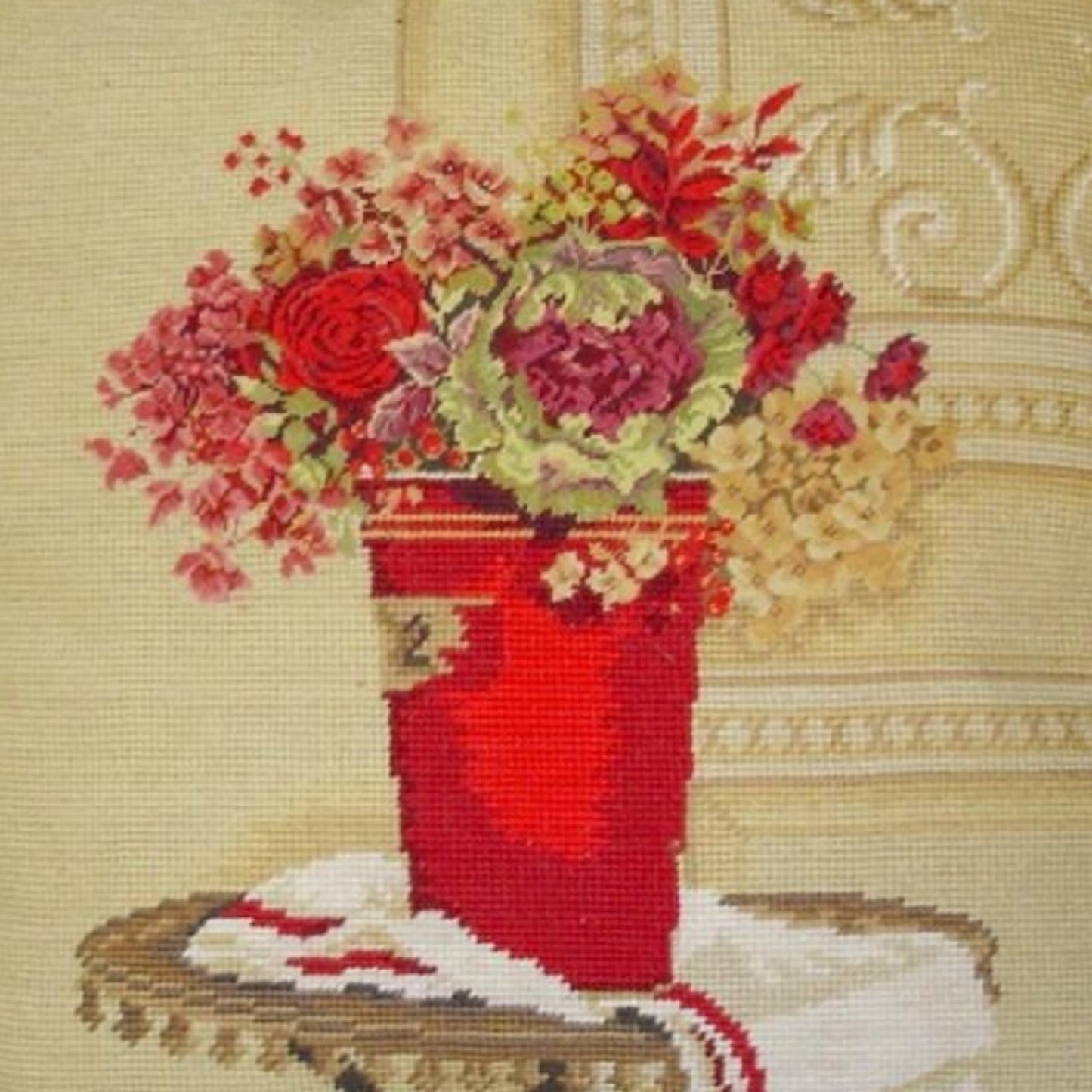 Handmade Wool Needlepoint Pillow Cover - Decorative Throw Cushion Cover - Vintage Floral Embroidery Design  Kathryn White Design c