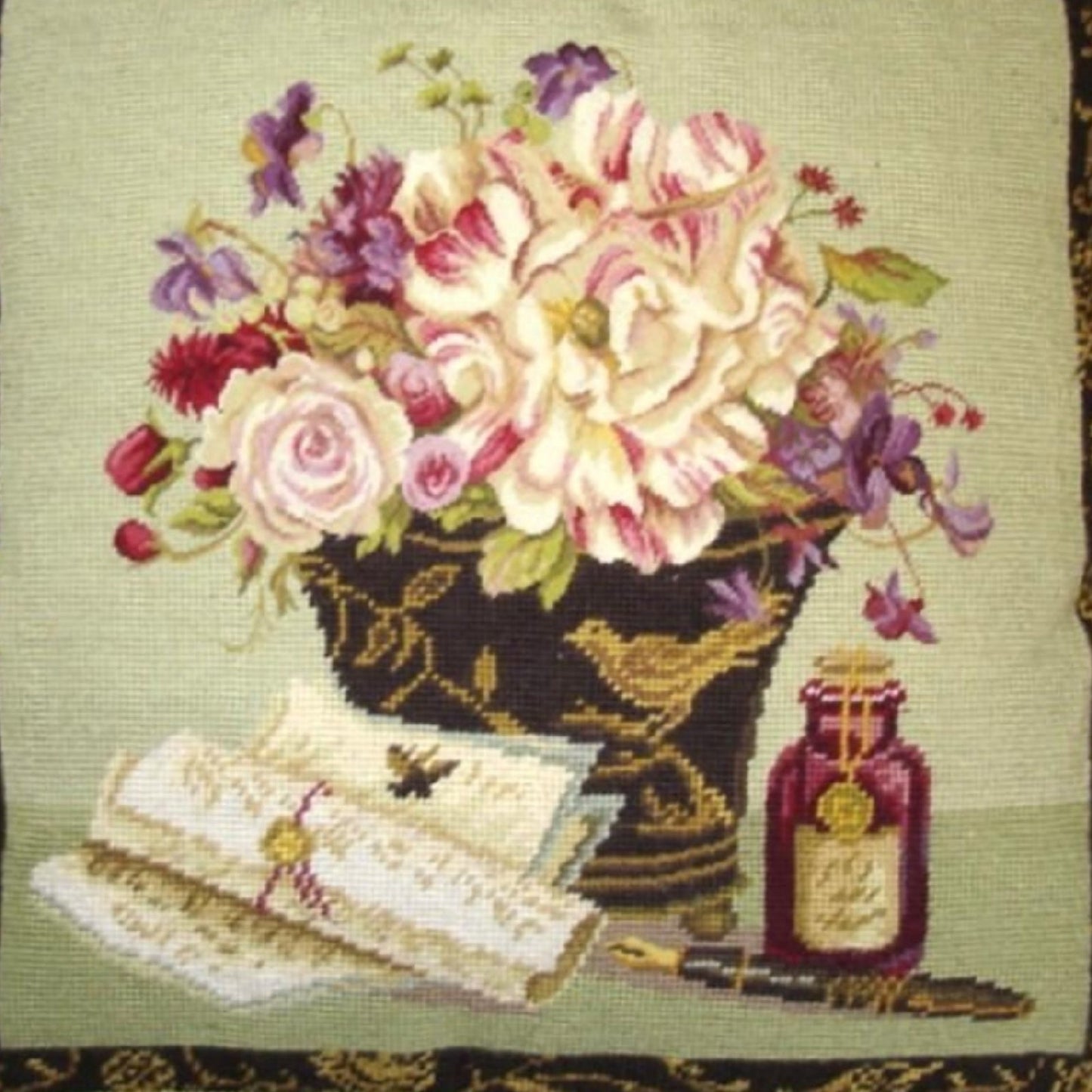 Handmade Wool Needlepoint Pillow Cover - Decorative Throw Cushion Cover - Vintage Floral Embroidery Design  Kathryn White Design g