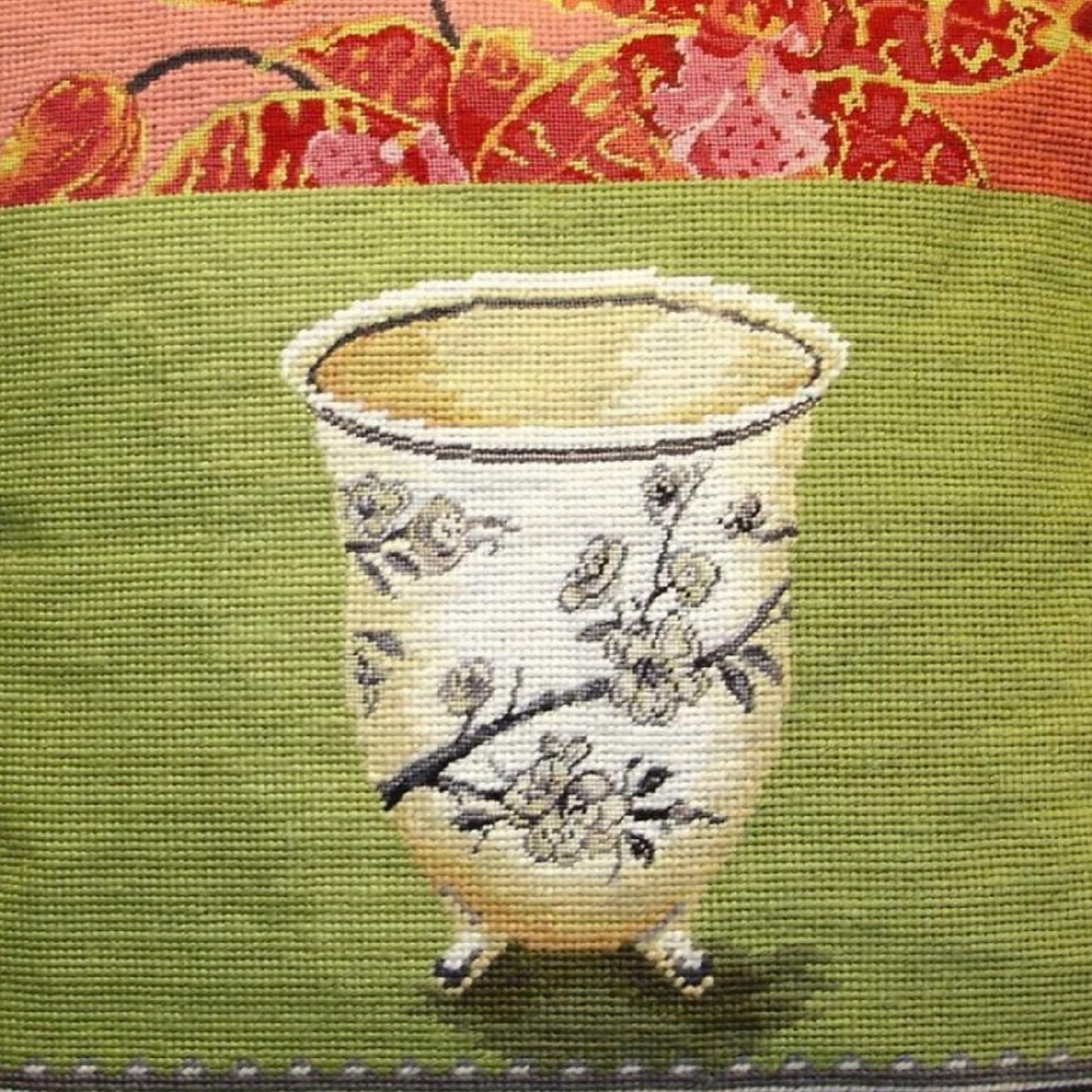 Handmade Wool Needlepoint Pillow Cover - Decorative Throw Cushion Cover - Vintage Floral Embroidery Design  Kathryn White Design M