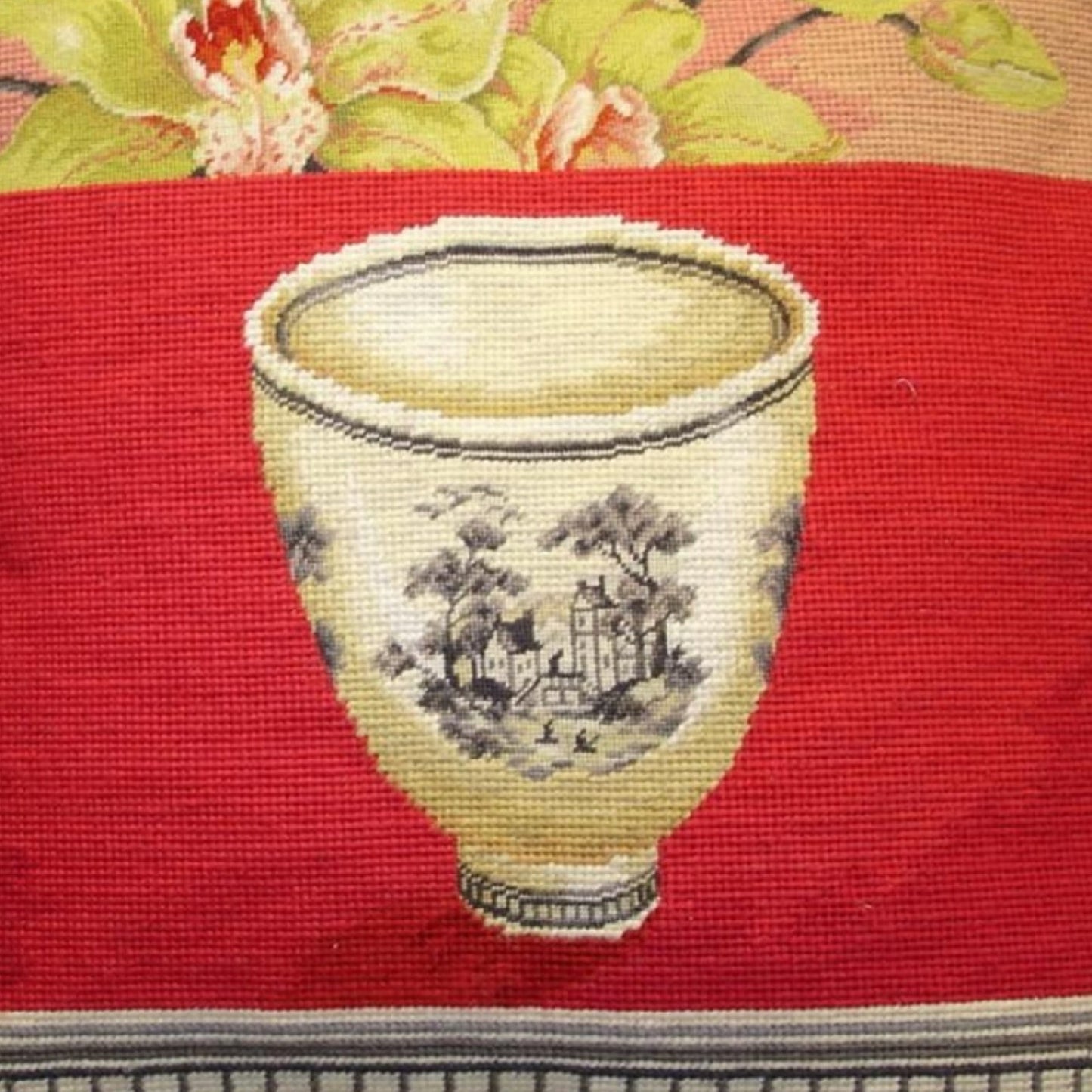 Handmade Wool Needlepoint Pillow Cover - Decorative Throw Cushion Cover - Vintage Floral Embroidery Design  Kathryn White Design O