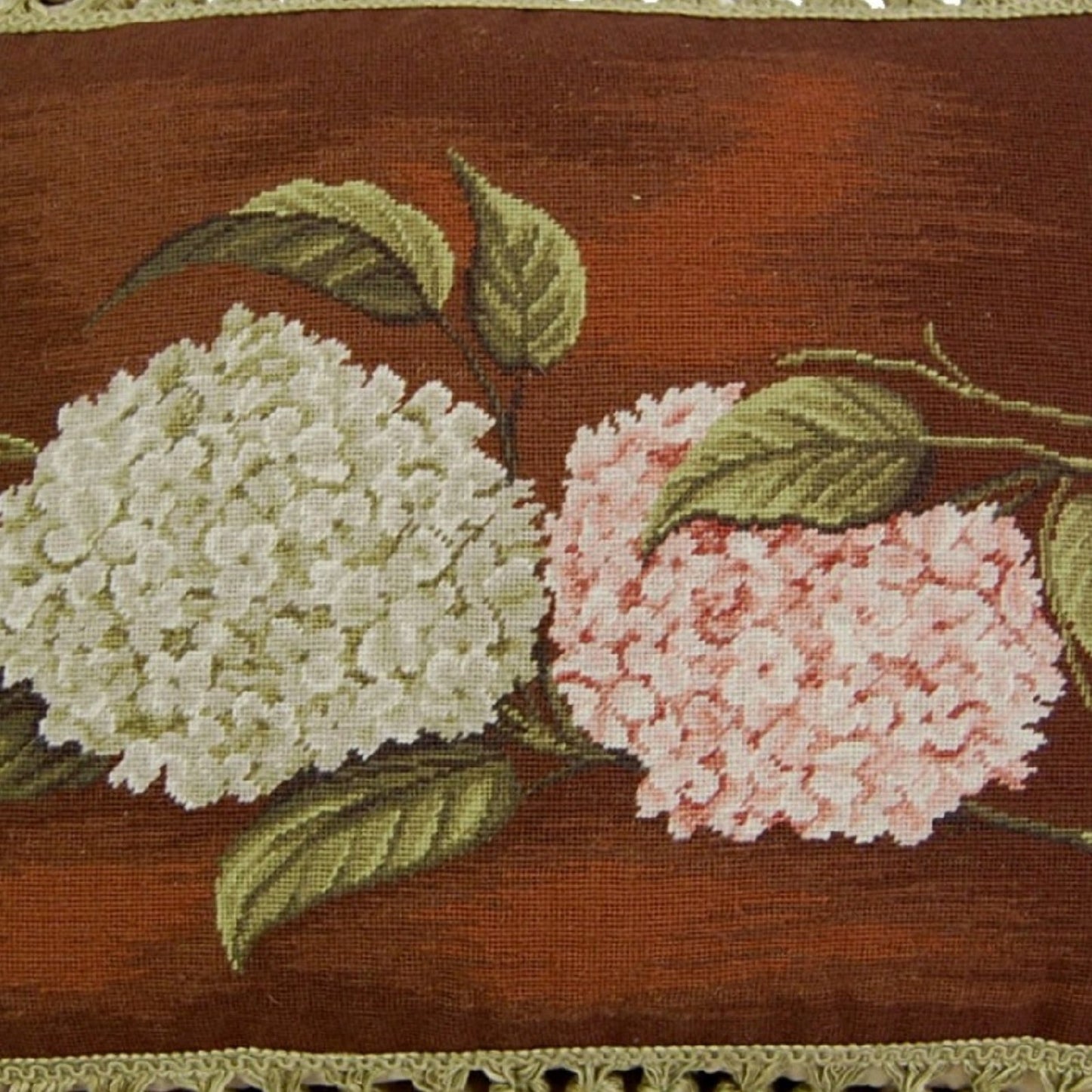 Handmade Wool Needlepoint Pillow Cover - Decorative Throw Cushion Cover - Vintage Floral Embroidery Design  brown background pink & green hydrangea with tassels