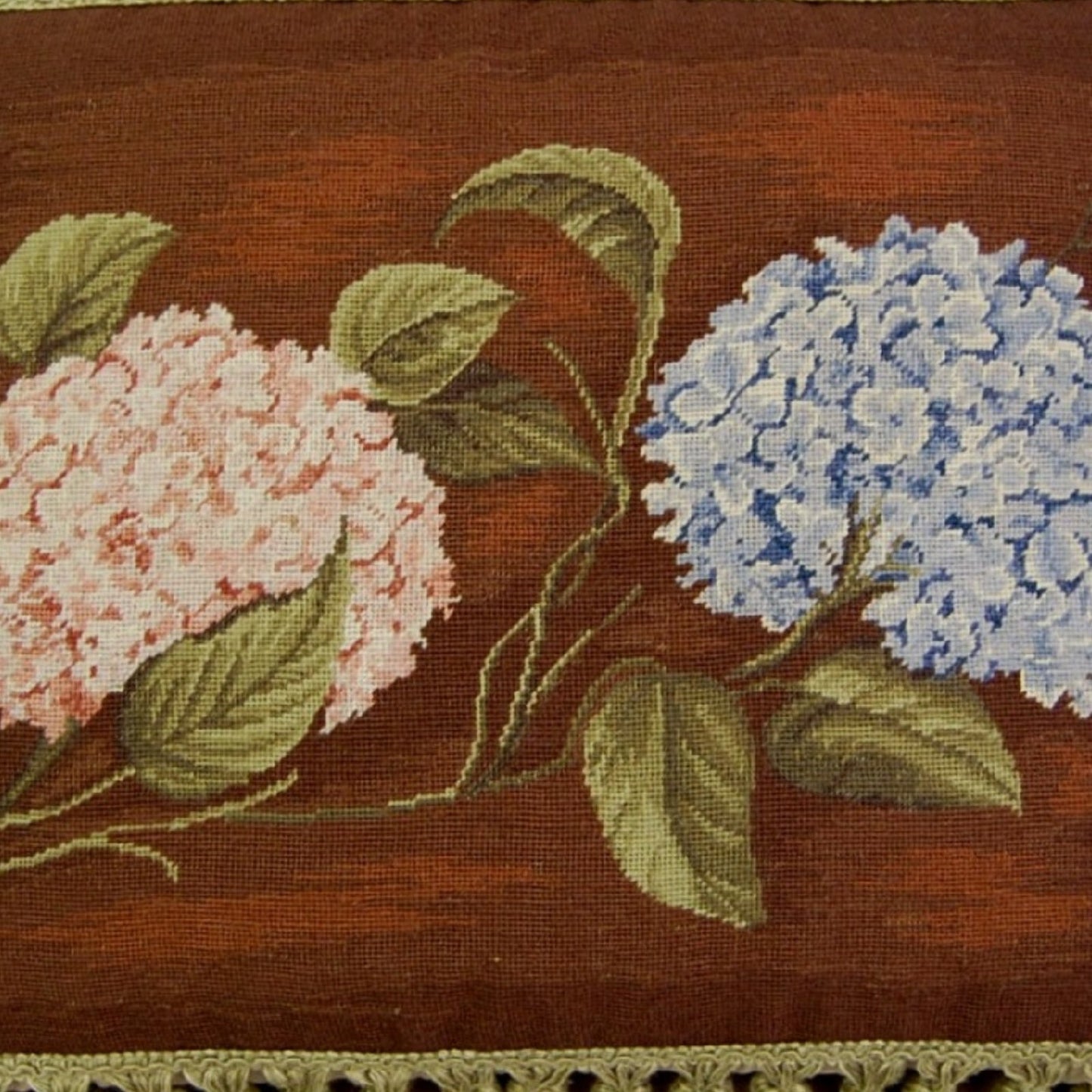 Handmade Wool Needlepoint Pillow Cover - Decorative Throw Cushion Cover - Vintage Floral Embroidery Design  brown background pink & blue hydrangea with tassels