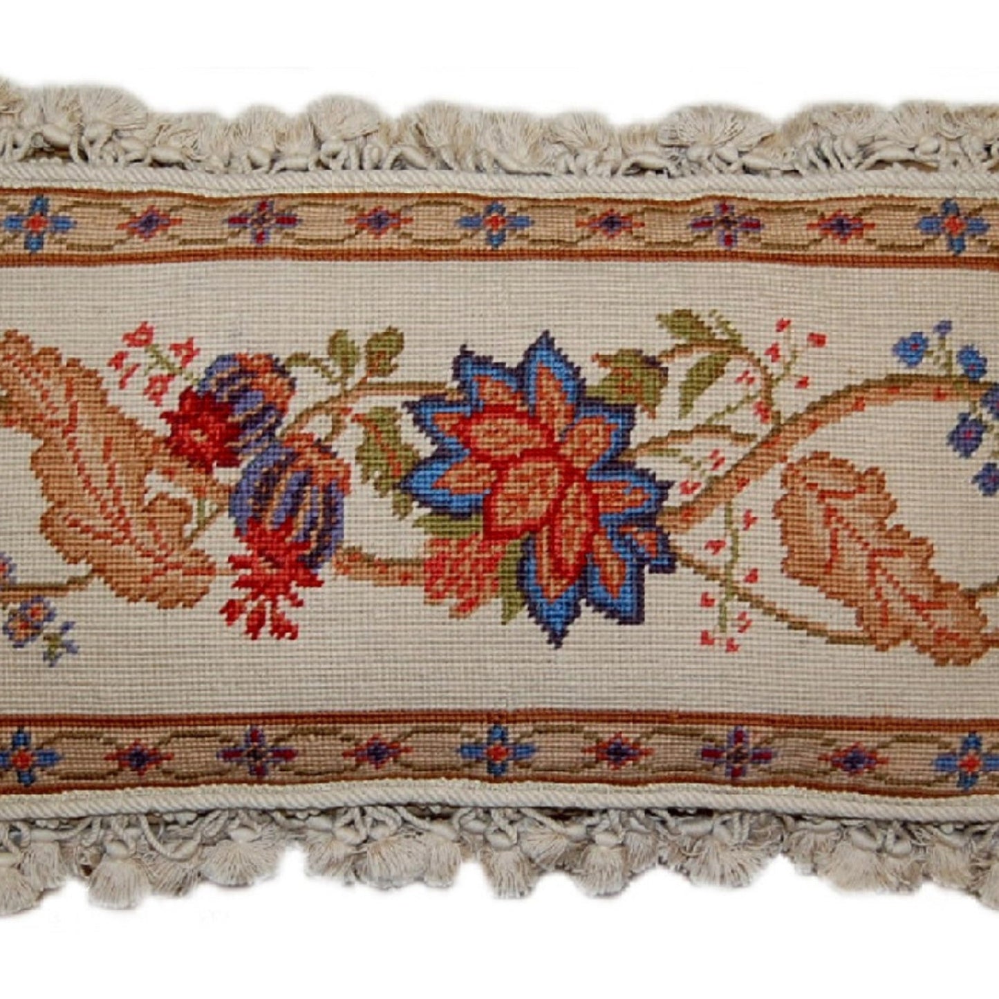 Handmade Wool Needlepoint Pillow Cover - Decorative Throw Cushion Cover - Vintage Floral Embroidery Design ginger flowers with nature tassels