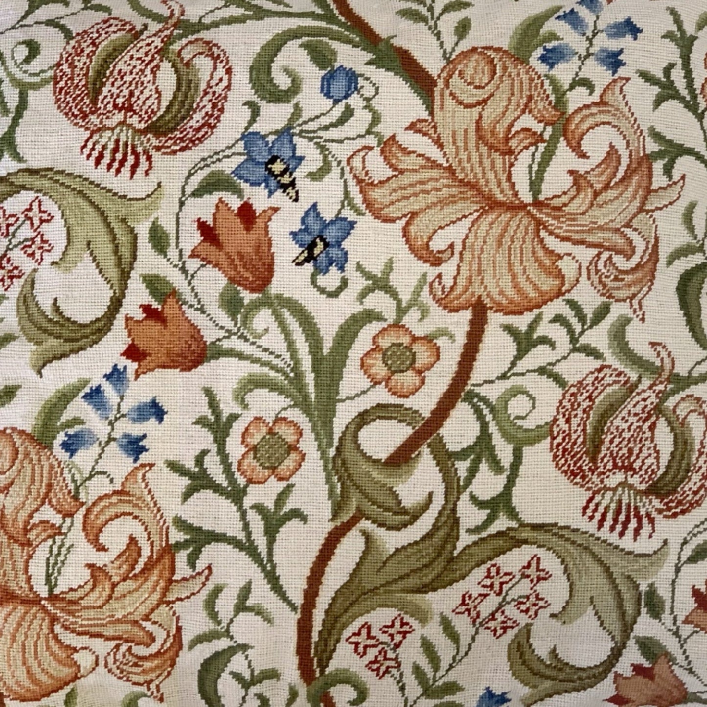 Handmade Wool Needlepoint Pillow Cover - Decorative Throw Cushion Cover - Vintage Floral Embroidery Design  floral in orange pink green blue with tassels A