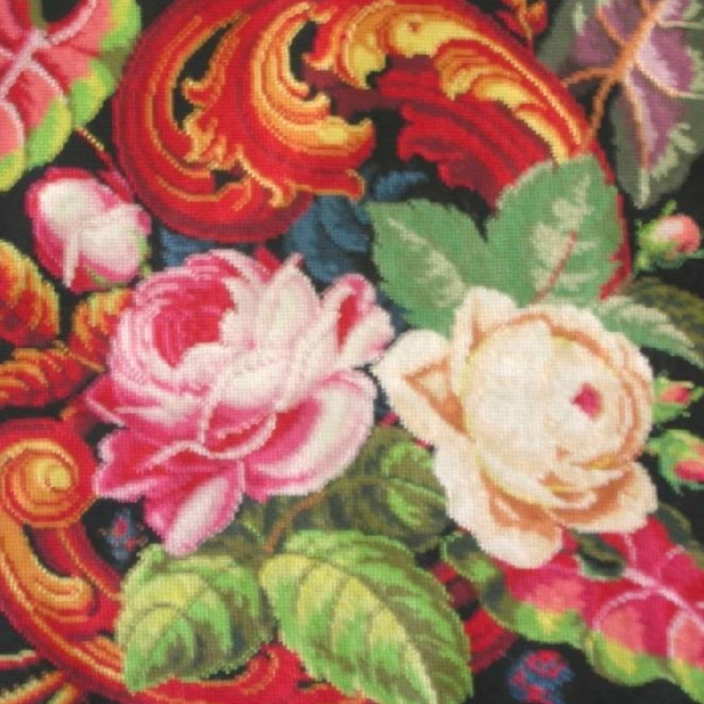 Handmade Wool Needlepoint Pillow Cover - Decorative Throw Cushion Cover - Vintage Floral Embroidery Design floral black background