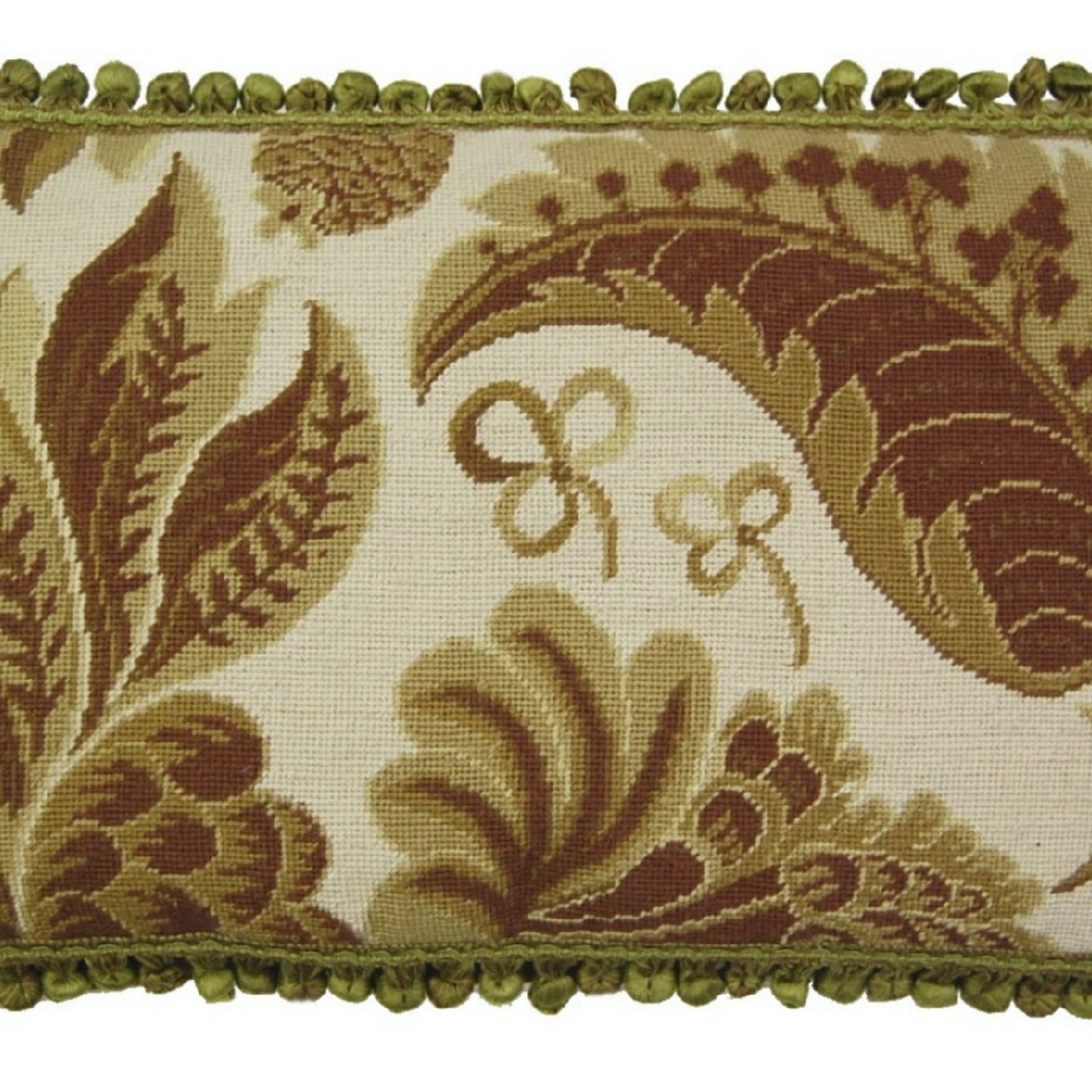 Handmade Wool Needlepoint Pillow Cover - Decorative Throw Cushion Cover - Vintage Floral Embroidery Design olive tropical leaves ivory background with tassels
