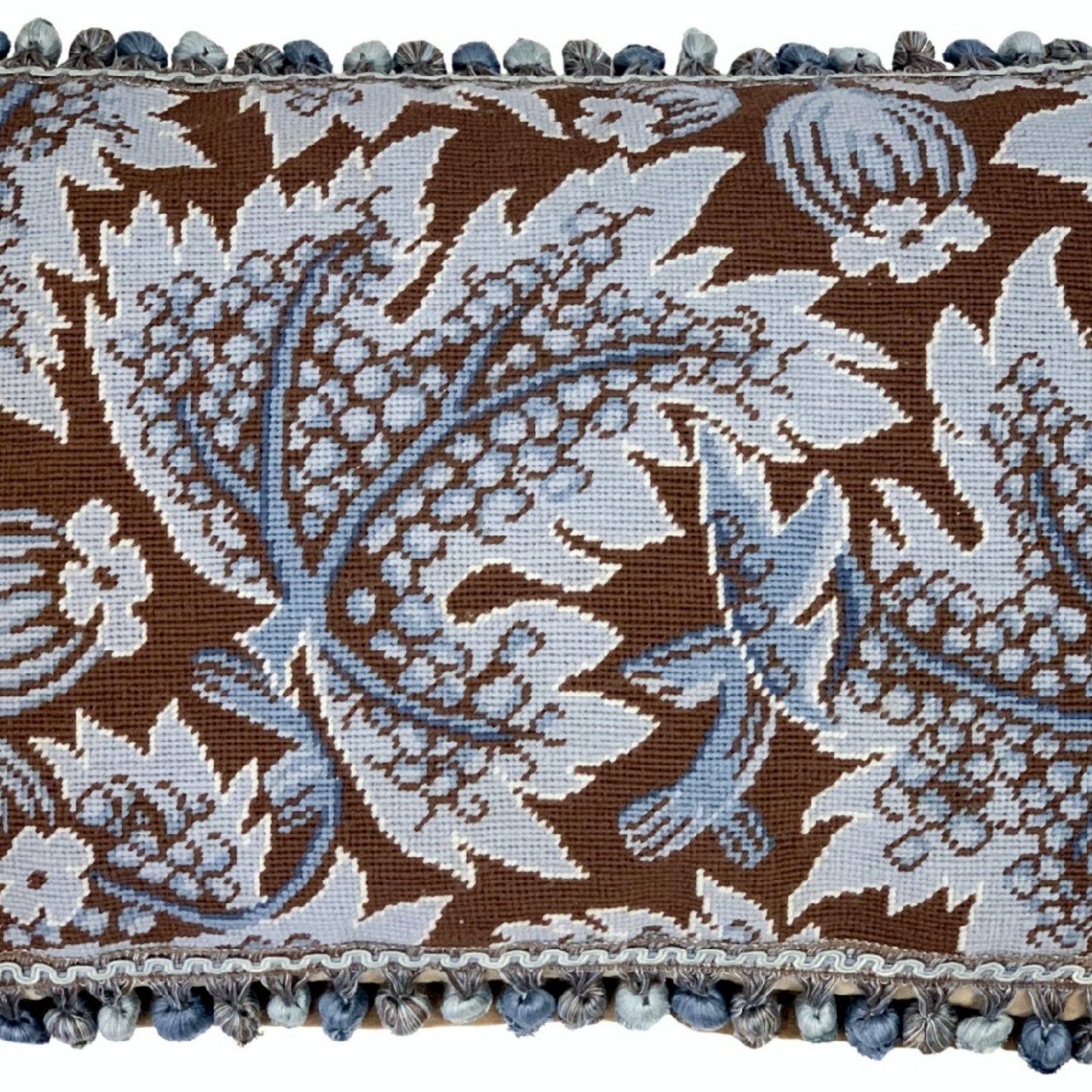 Handmade Wool Needlepoint Pillow Cover - Decorative Throw Cushion Cover - Vintage Floral Embroidery Design blue grape leaves brown background with tassels