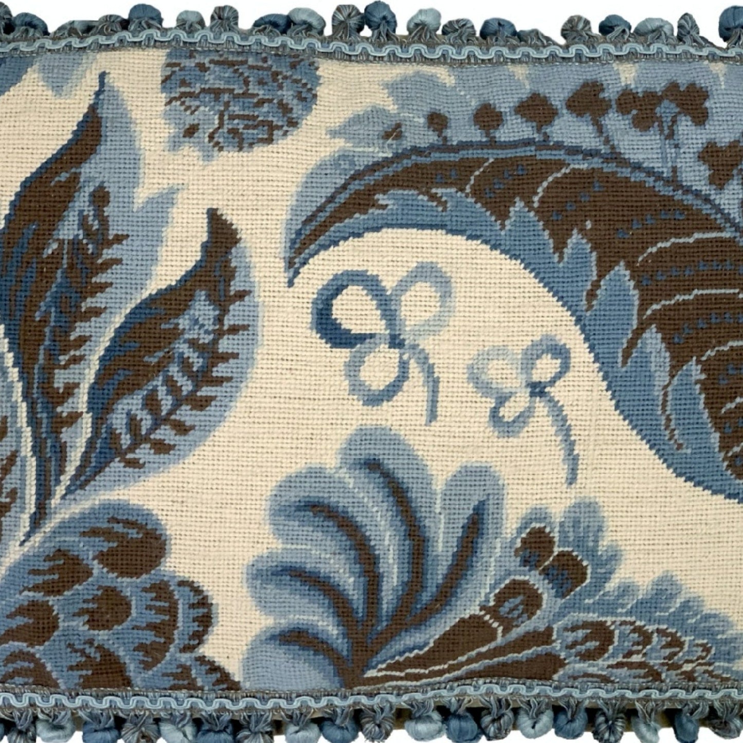 Handmade Wool Needlepoint Pillow Cover - Decorative Throw Cushion Cover - Vintage Floral Embroidery Designblue tropical leaves ivory background with tassels I