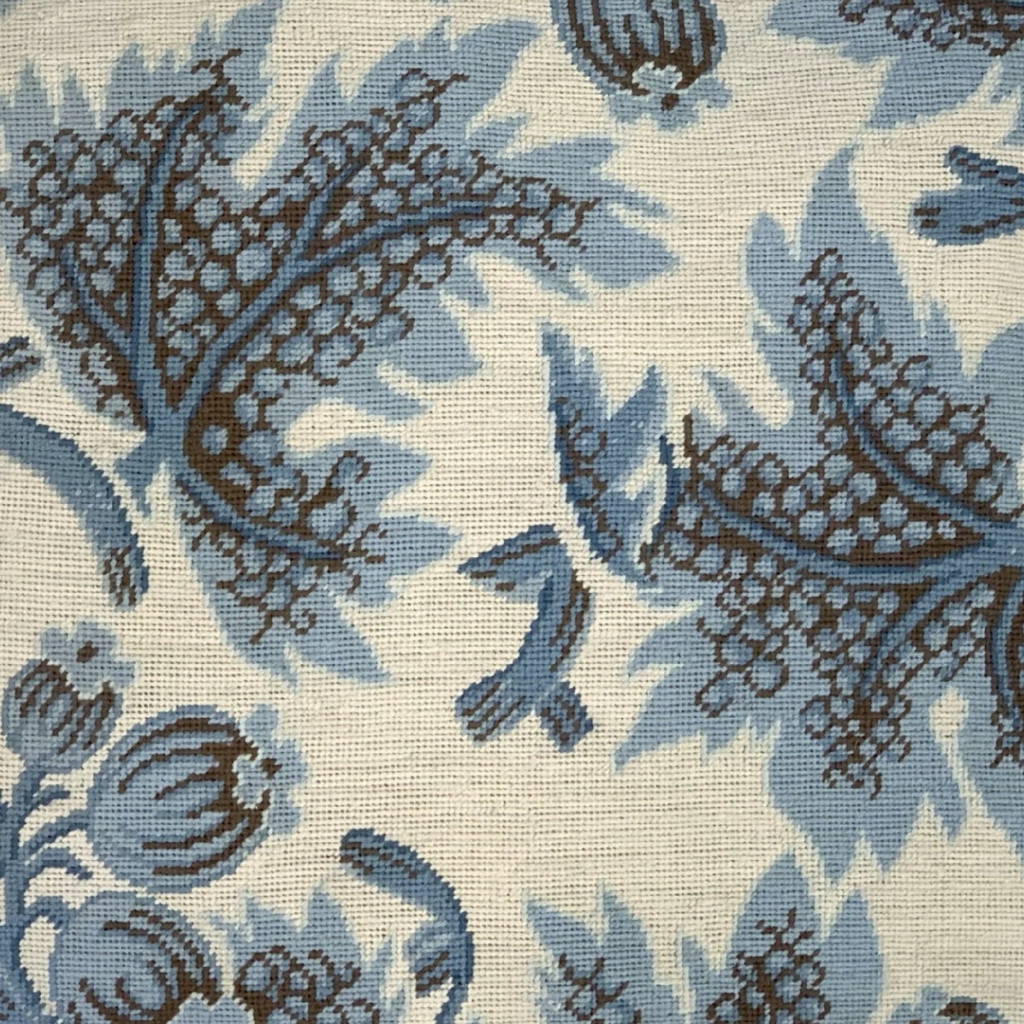 Handmade Wool Needlepoint Pillow Cover - Decorative Throw Cushion Cover - Vintage Floral Embroidery Design blue grapes leaves ivory background with tassels