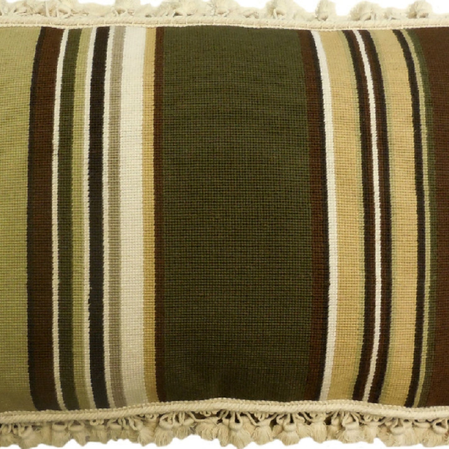 Handmade Wool Needlepoint Pillow Cover - Decorative Throw Cushion Cover - Vintage Floral Embroidery Design strips in green, brown, ivory with tassels
