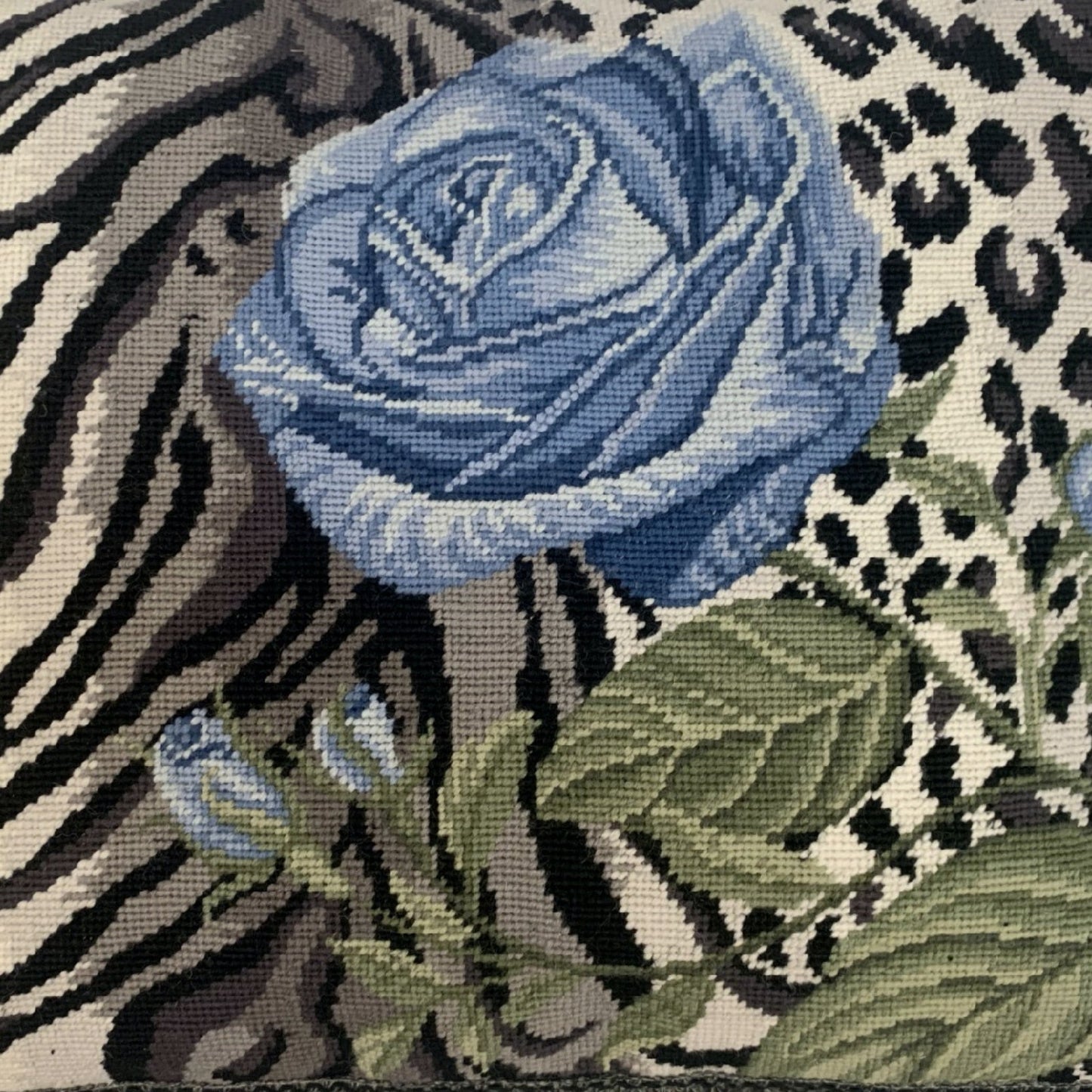 Handmade Wool Needlepoint Pillow Cover - Decorative Throw Cushion Cover - Vintage Floral Embroidery Design B/W leopard print blue rose with 3 color tassel