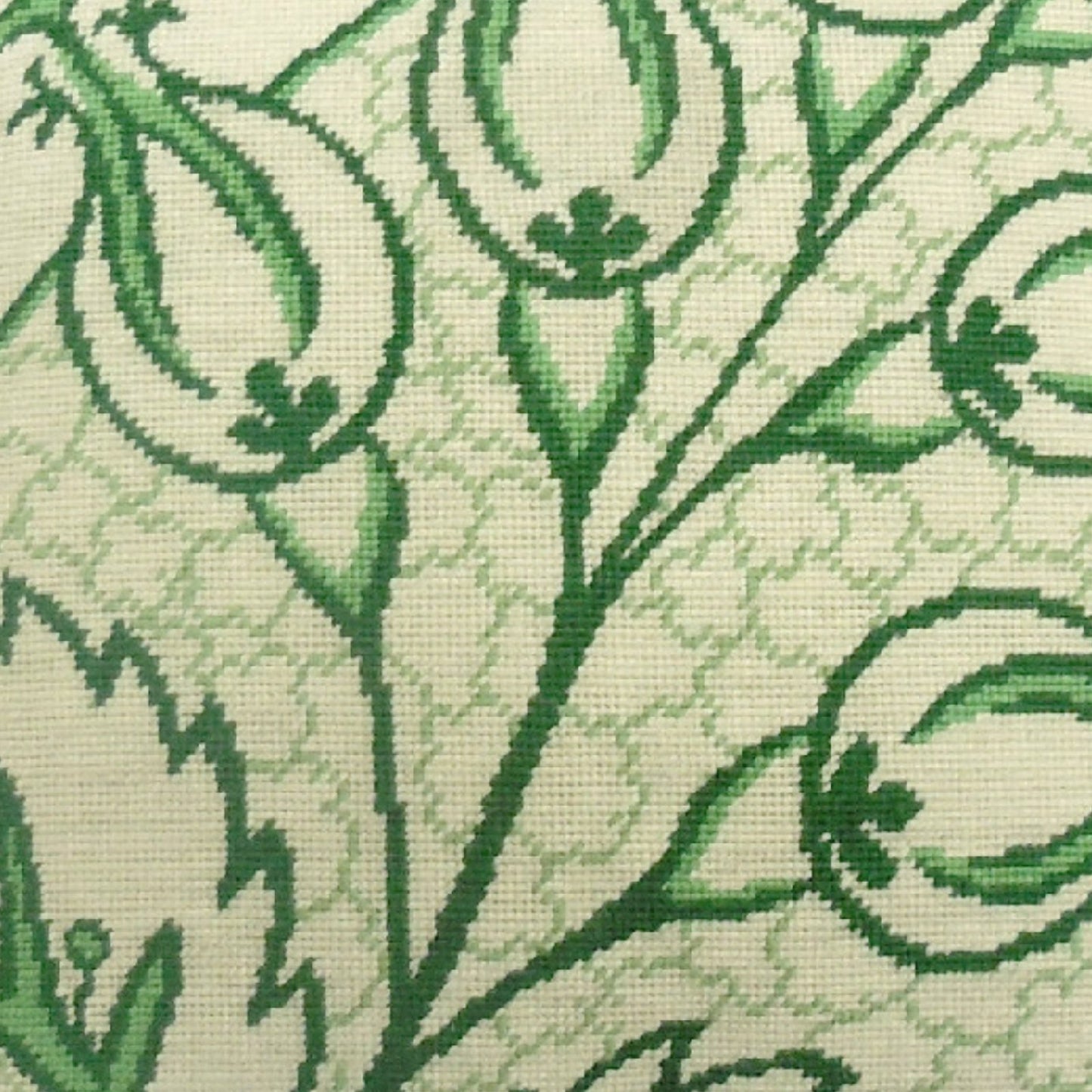 Handmade Wool Needlepoint Pillow Cover - Decorative Throw Cushion Cover - Vintage Floral Embroidery Design green big leaves/flowers checker cording