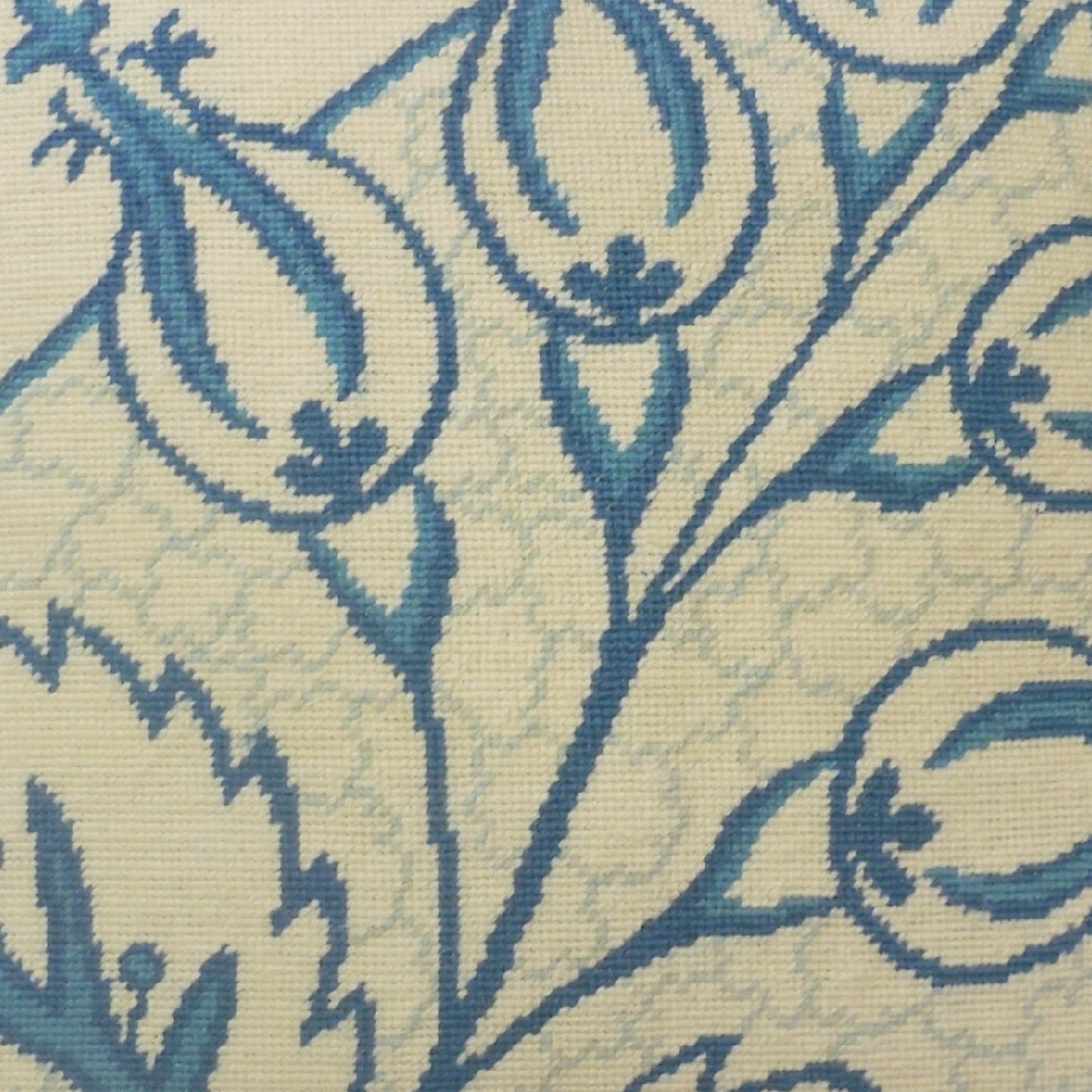 Handmade Wool Needlepoint Pillow Cover - Decorative Throw Cushion Cover - Vintage Floral Embroidery Design blue big leaves/flowers checker cording