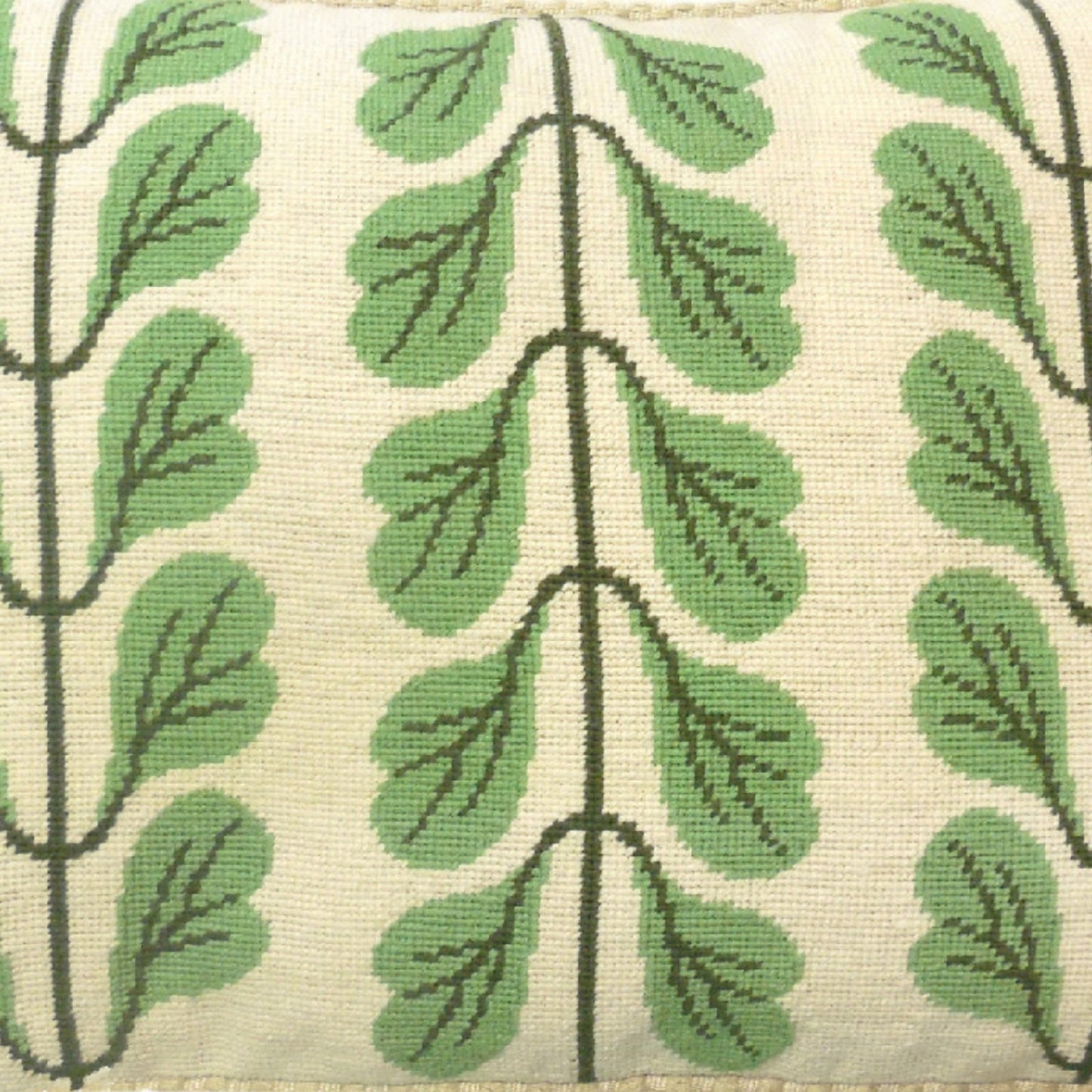Handmade Wool Needlepoint Pillow Cover - Decorative Throw Cushion Cover - Vintage Floral Embroidery Design 3 lines green leaves checker cording