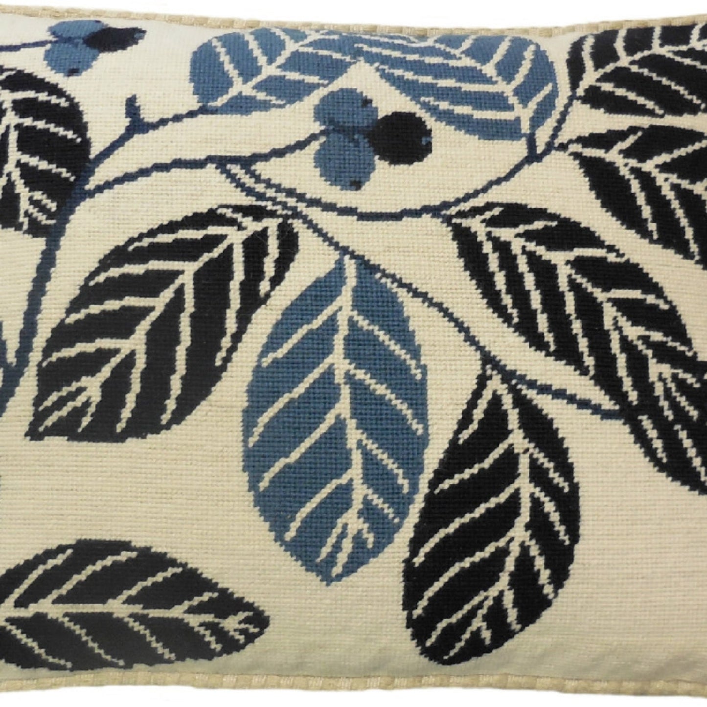 Handmade Wool Needlepoint Pillow Cover - Decorative Throw Cushion Cover - Vintage Floral Embroidery Design blue cherry checker cording